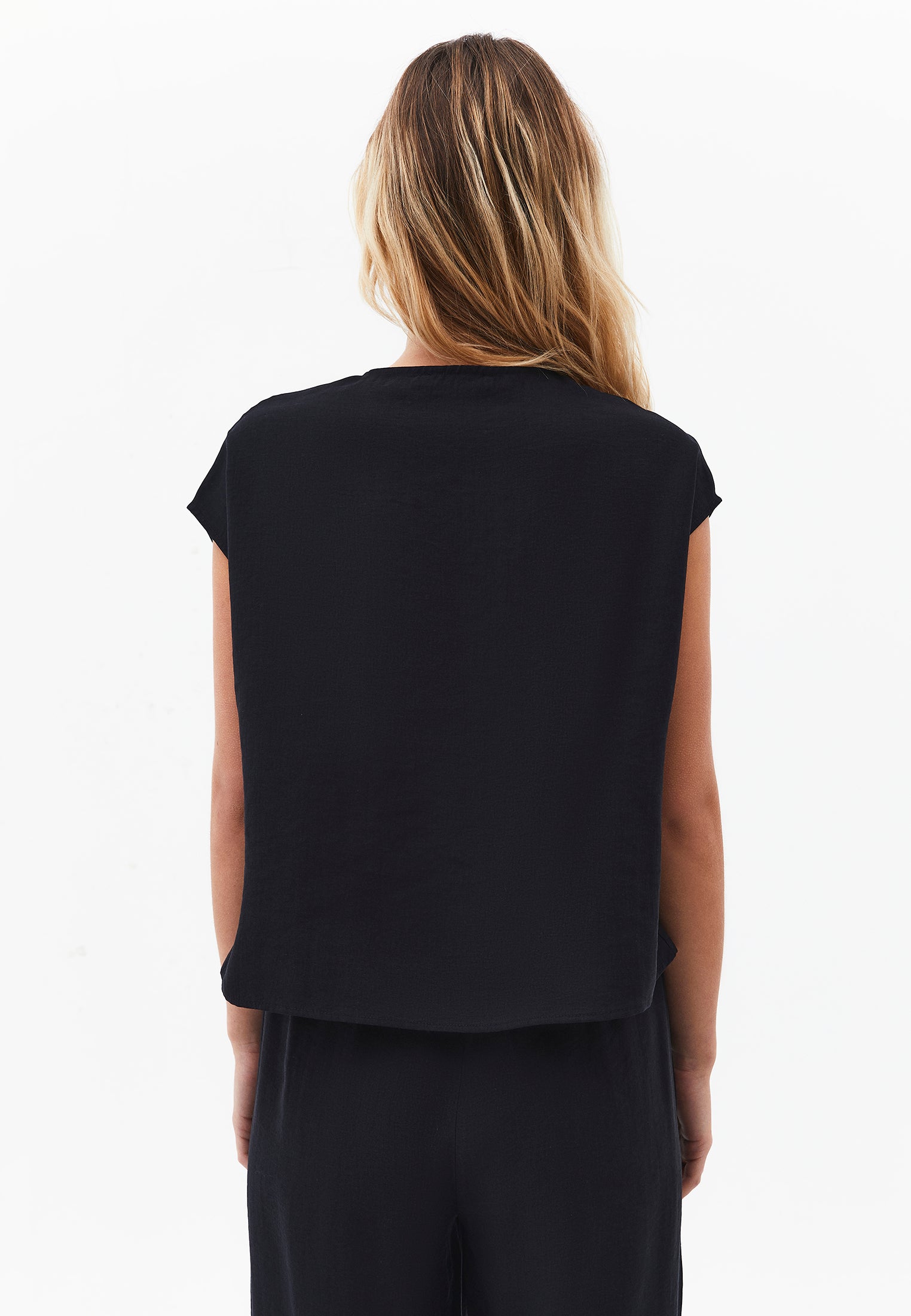 Loose Blouse With Boat Neck And Button Details - BLACK