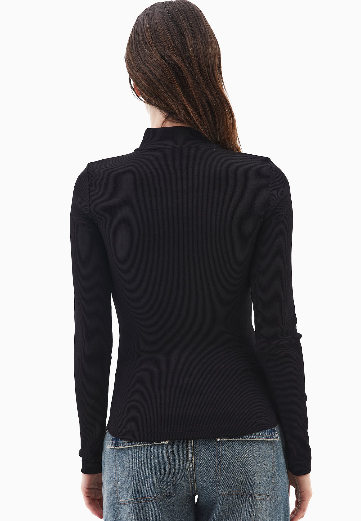 تي شيرت بياقة عالية بياقة عالية مفصل بسحاب - أسود