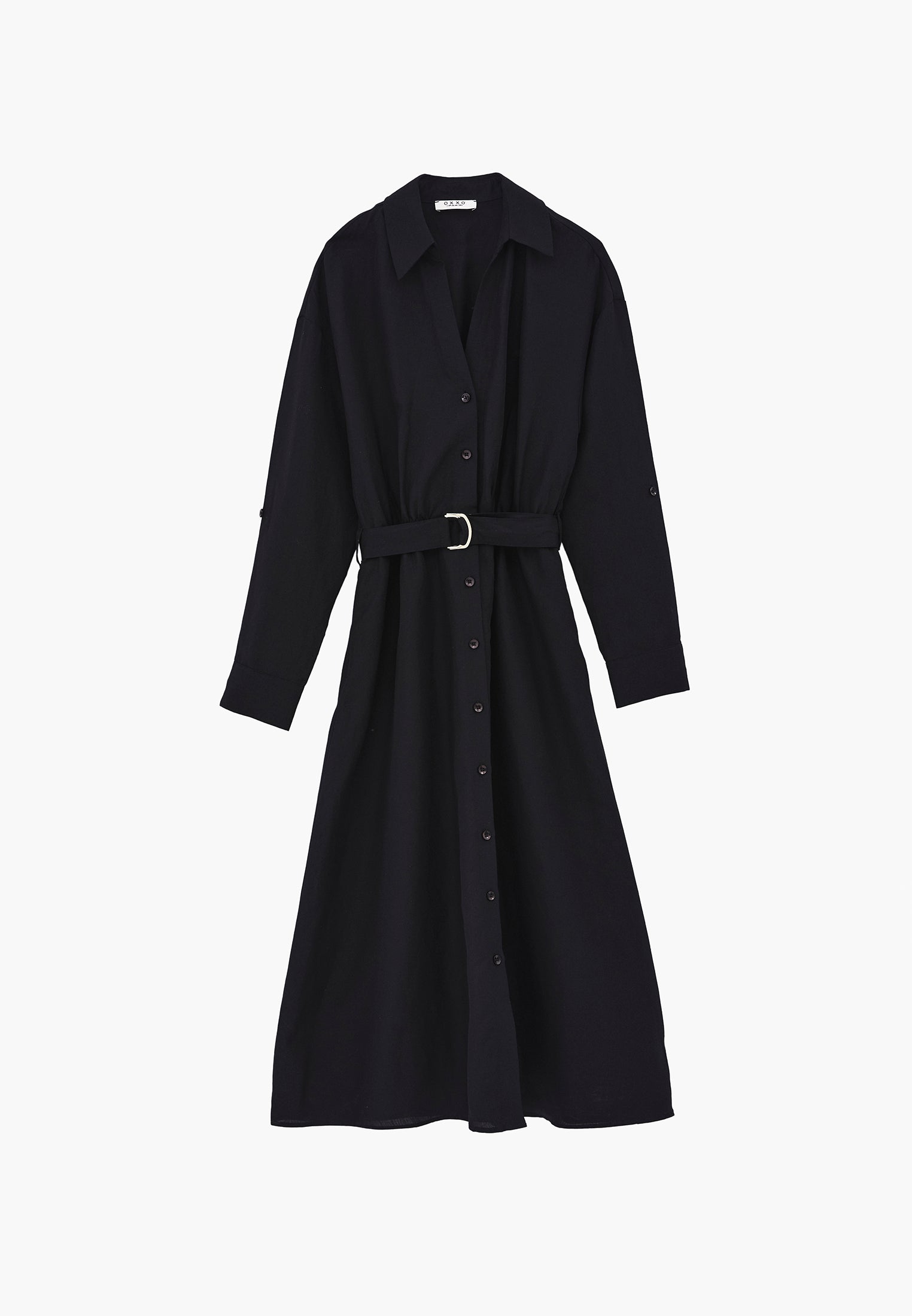 Belt Detailed Long Shirt Collar Dress - BLACK