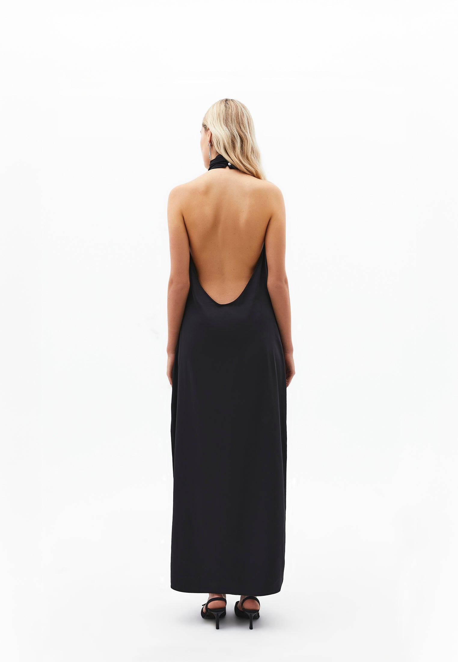 Long Dress With High Neck, Button And Slit Detail - BLACK