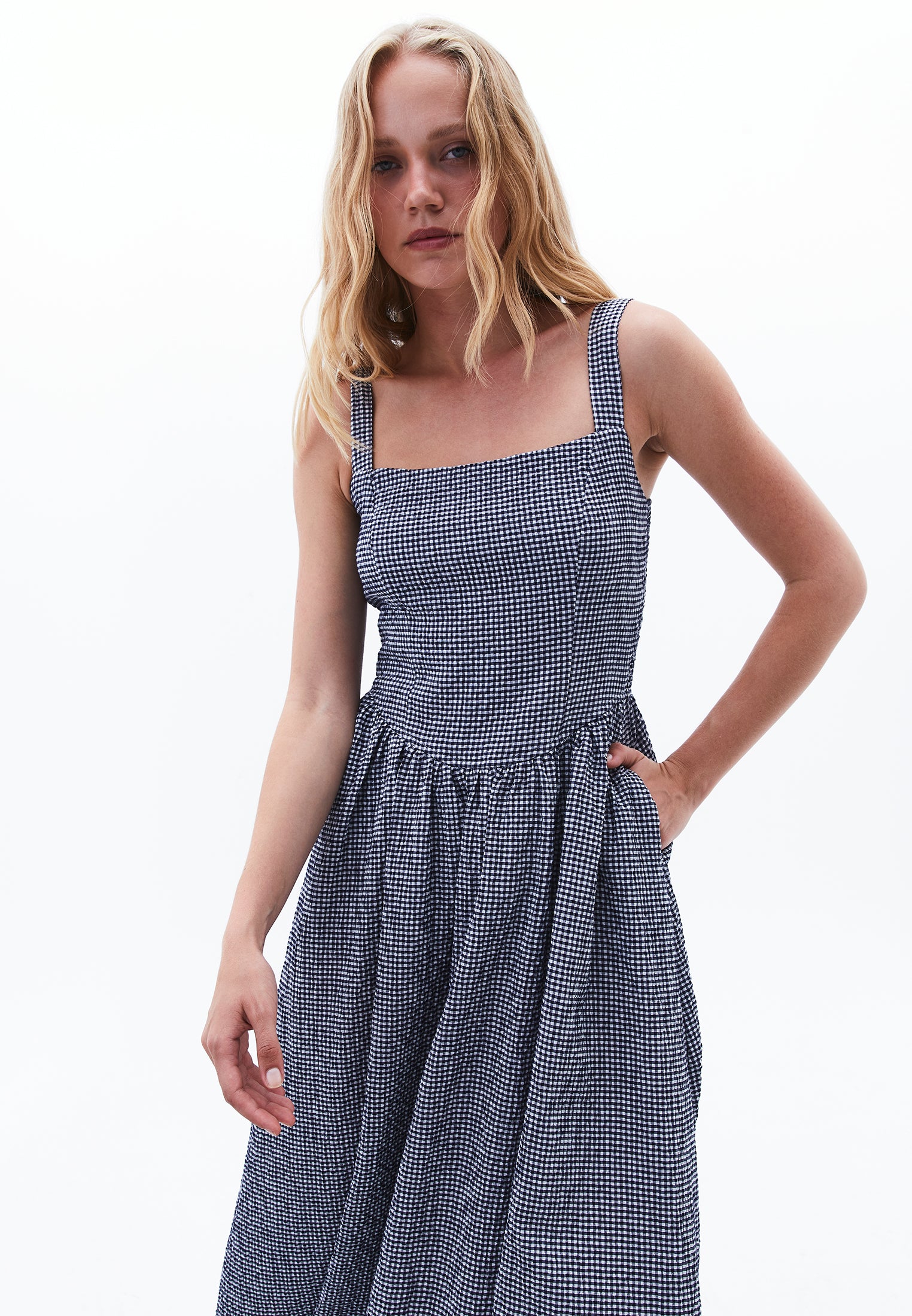 Square Neck Dress - BLUE VICHY COMB