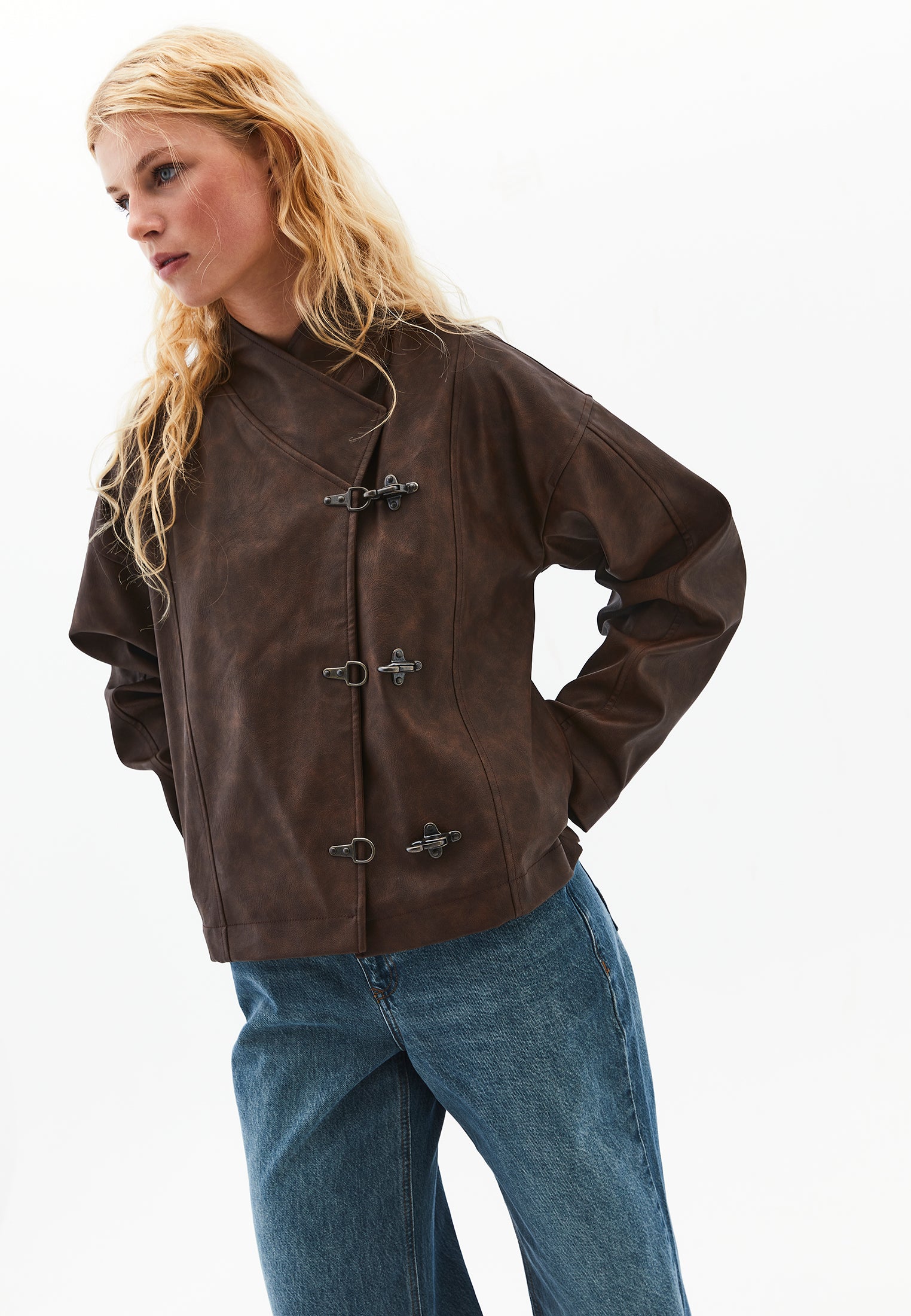 Shawl Collar Leather Jacket - BRUNETTE