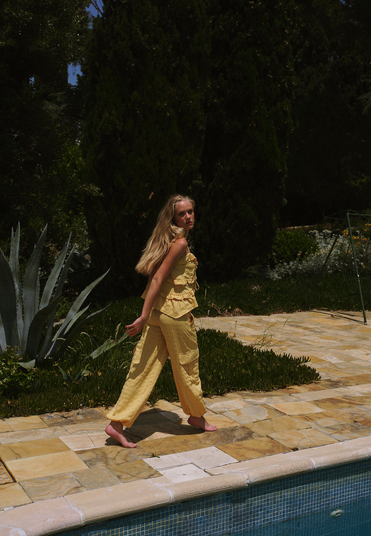 بنطلون جاكار عالي الخصر - أصفر برتقالي اللون