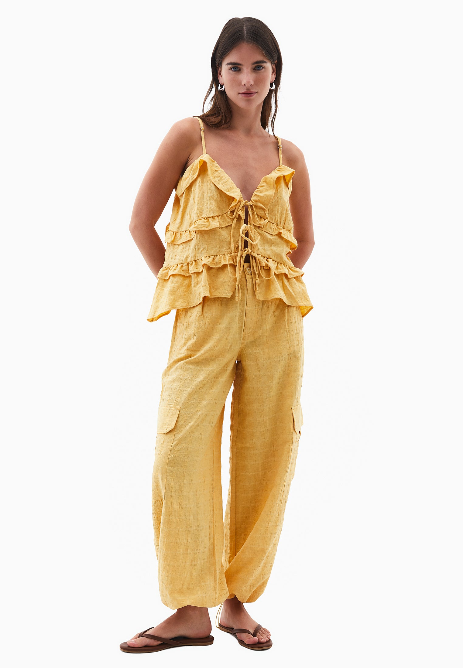 بلوزة جاكار بياقة على شكل حرف V - أصفر برتقالي