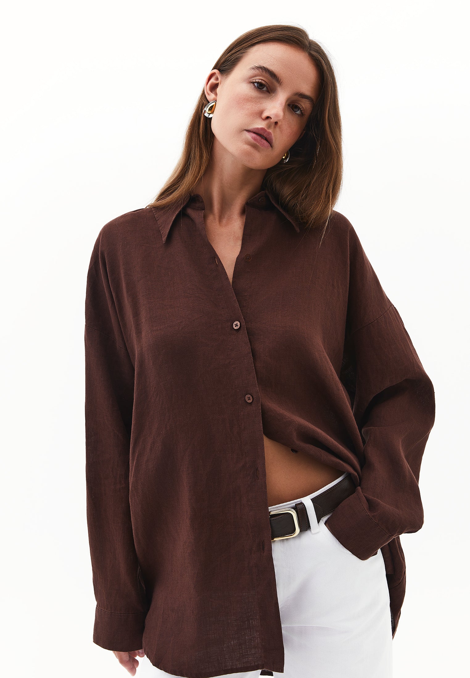 Linen Shirt With Large Fit And Buttons - CHICORY COFFEE