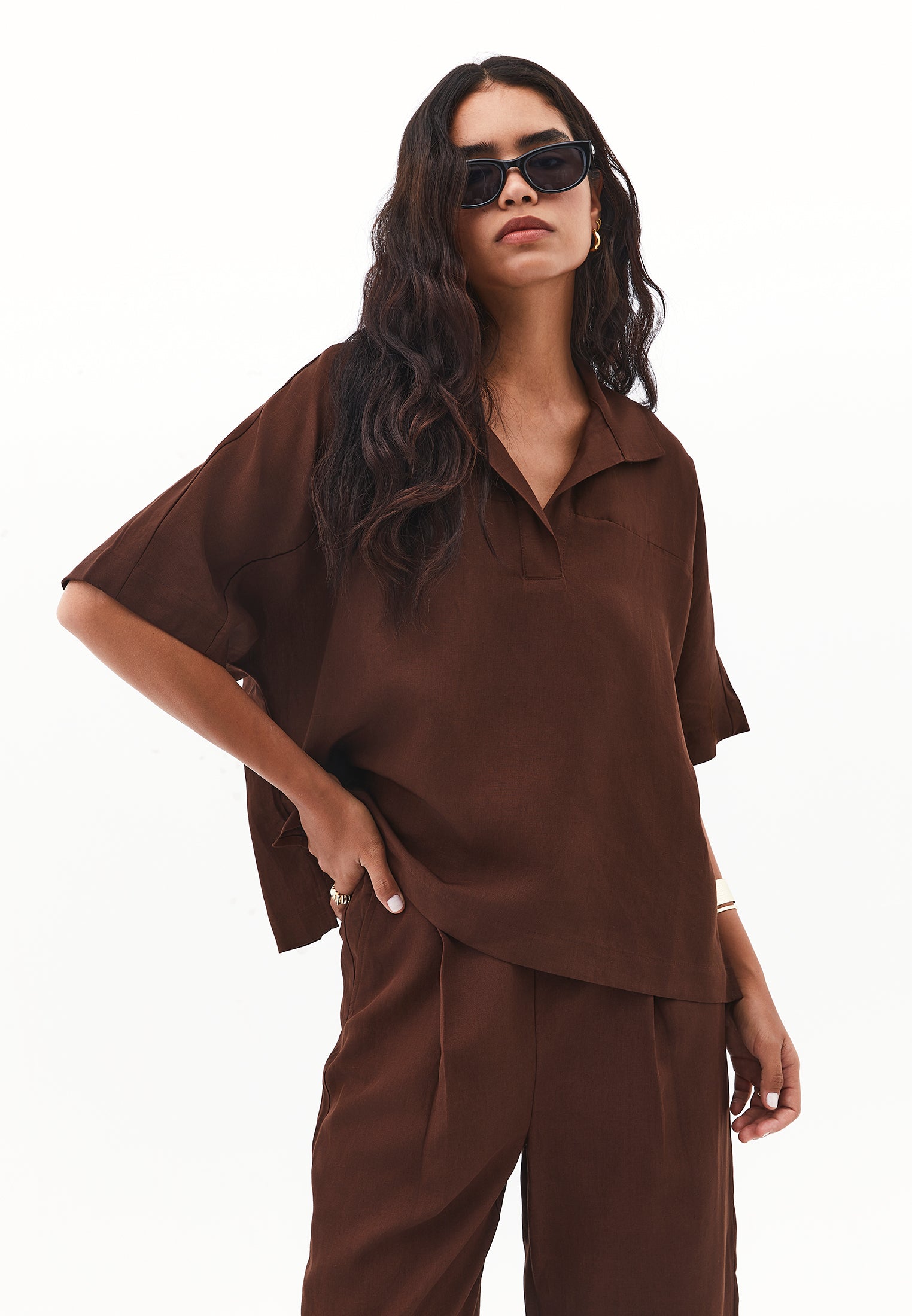 Polo Collar Oversize Blouse - CHICORY COFFEE