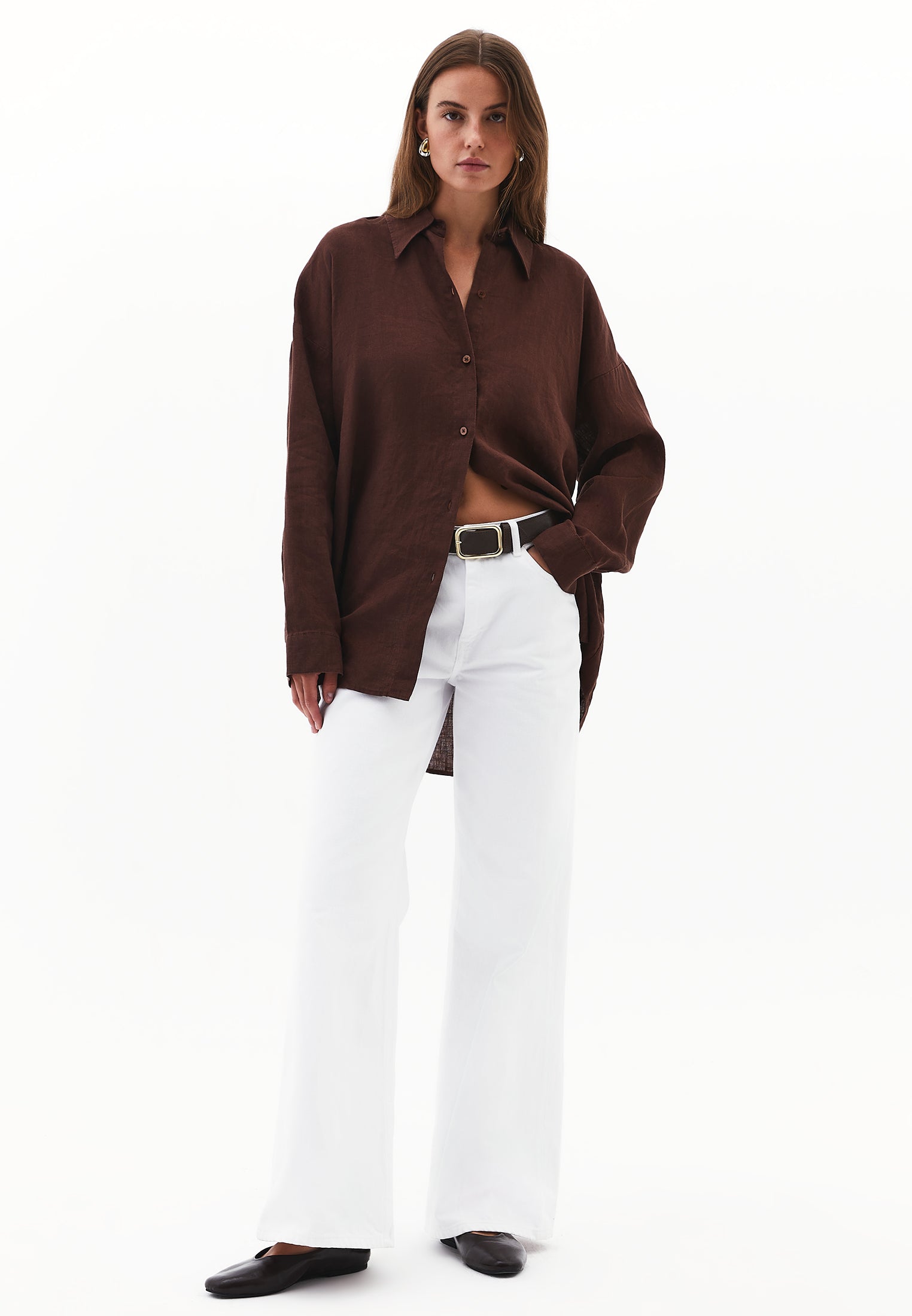 Linen Shirt With Large Fit And Buttons - CHICORY COFFEE
