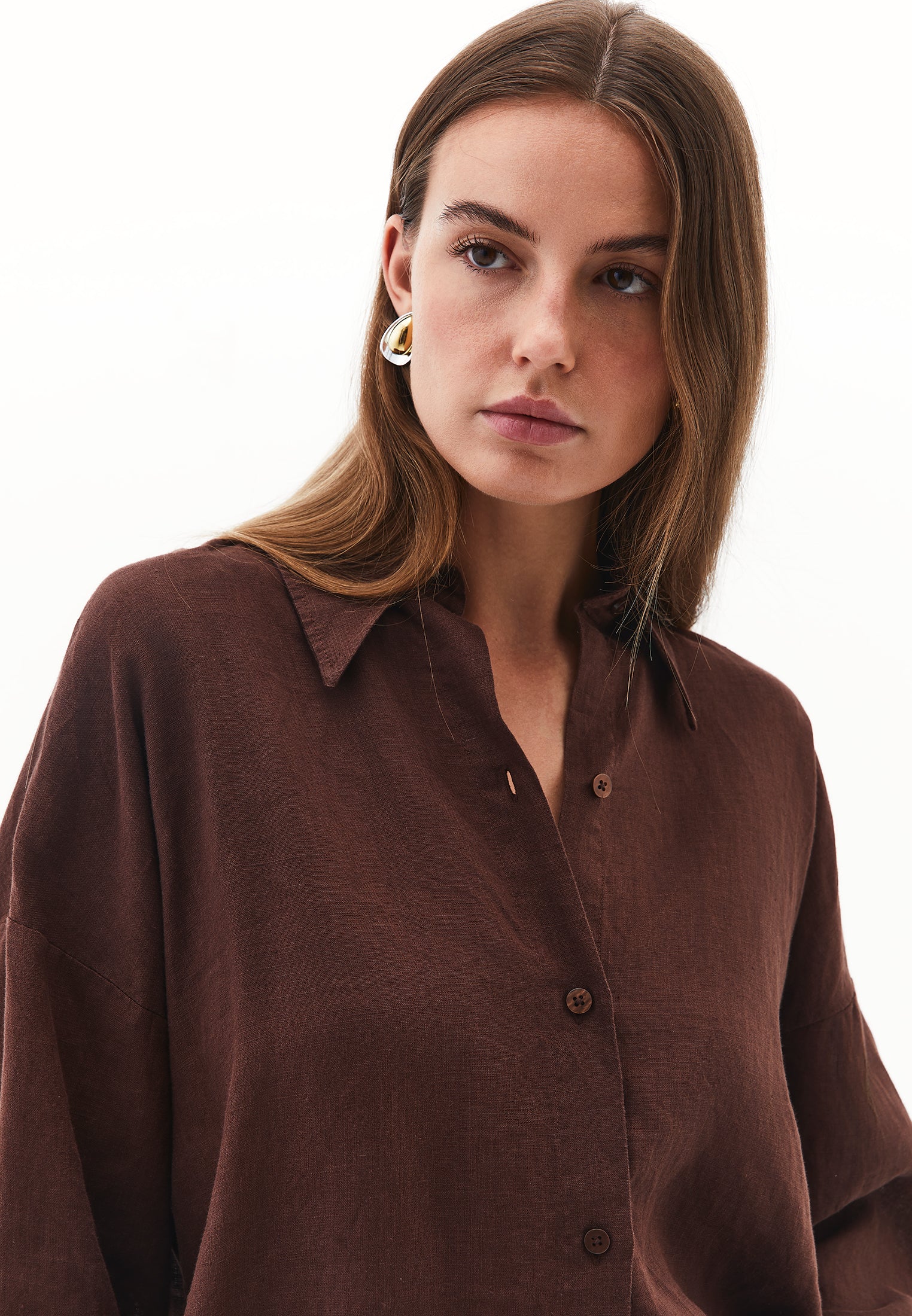 Linen Shirt With Large Fit And Buttons - CHICORY COFFEE