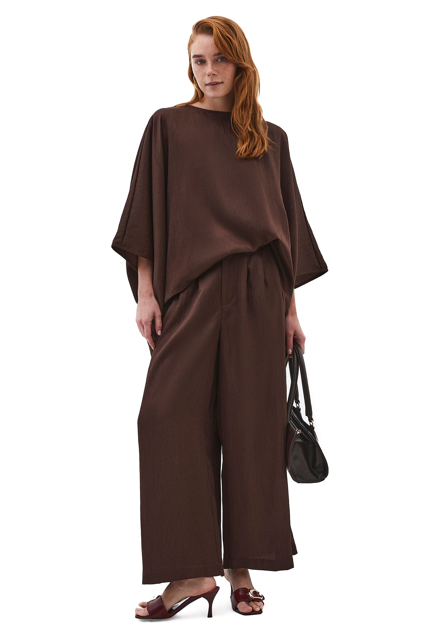 Boat Neck Long Sleeve Batwing And Tied Blouse - CHOCOLATE BROWN