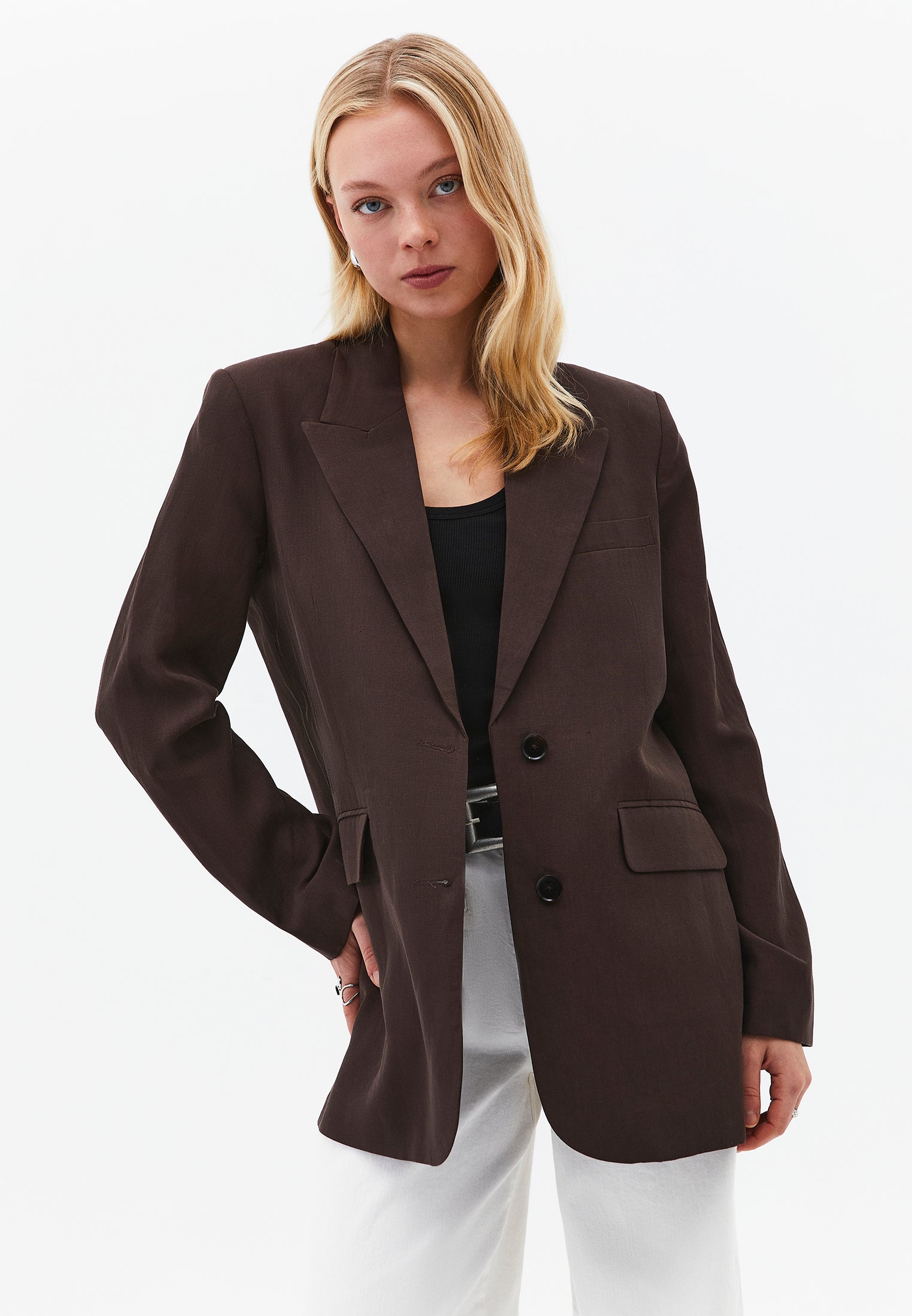 Boyfriend Fit Tunic Blazer Jacket - CHOCOLATE BROWN