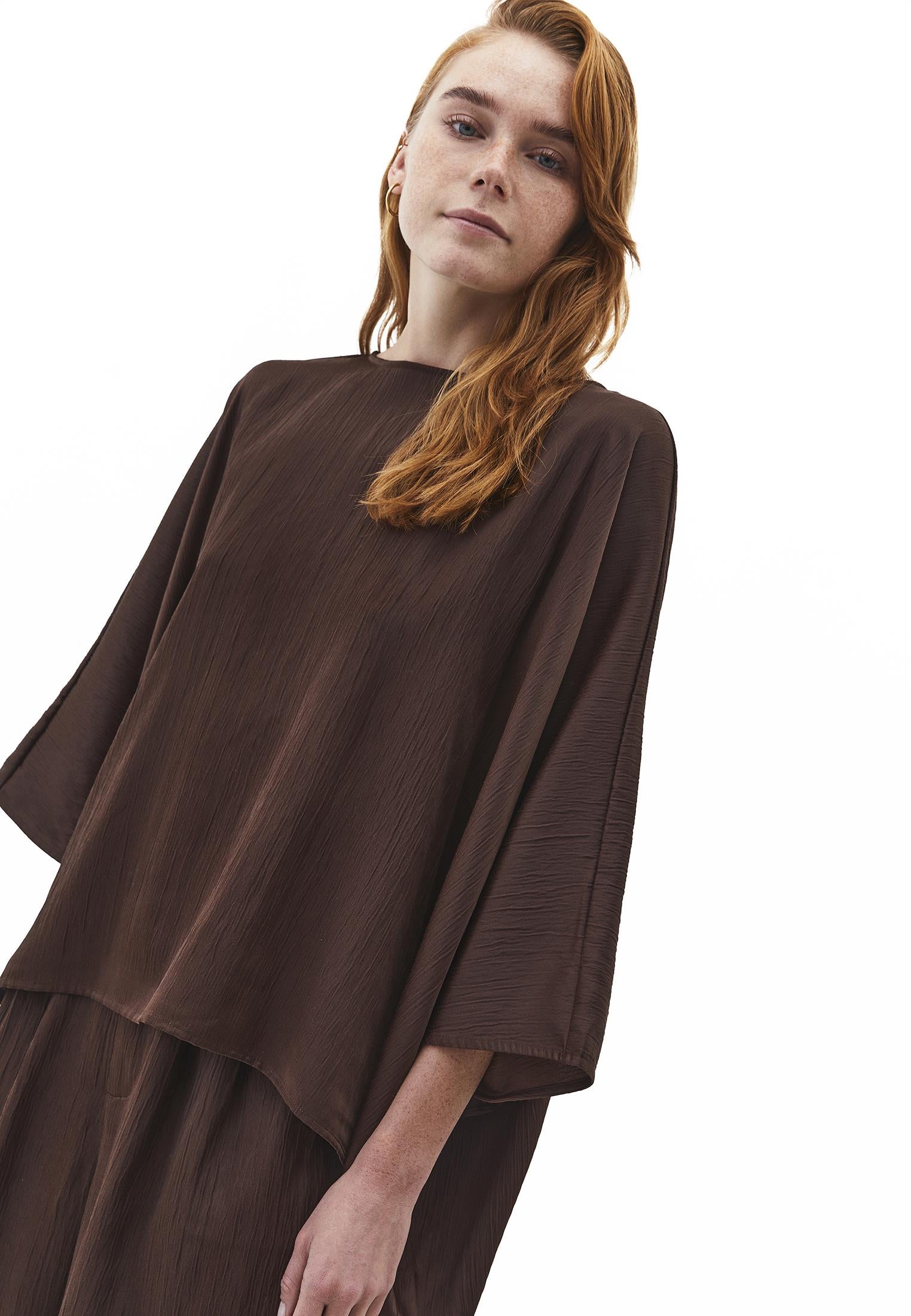 Boat Neck Long Sleeve Batwing And Tied Blouse - CHOCOLATE BROWN