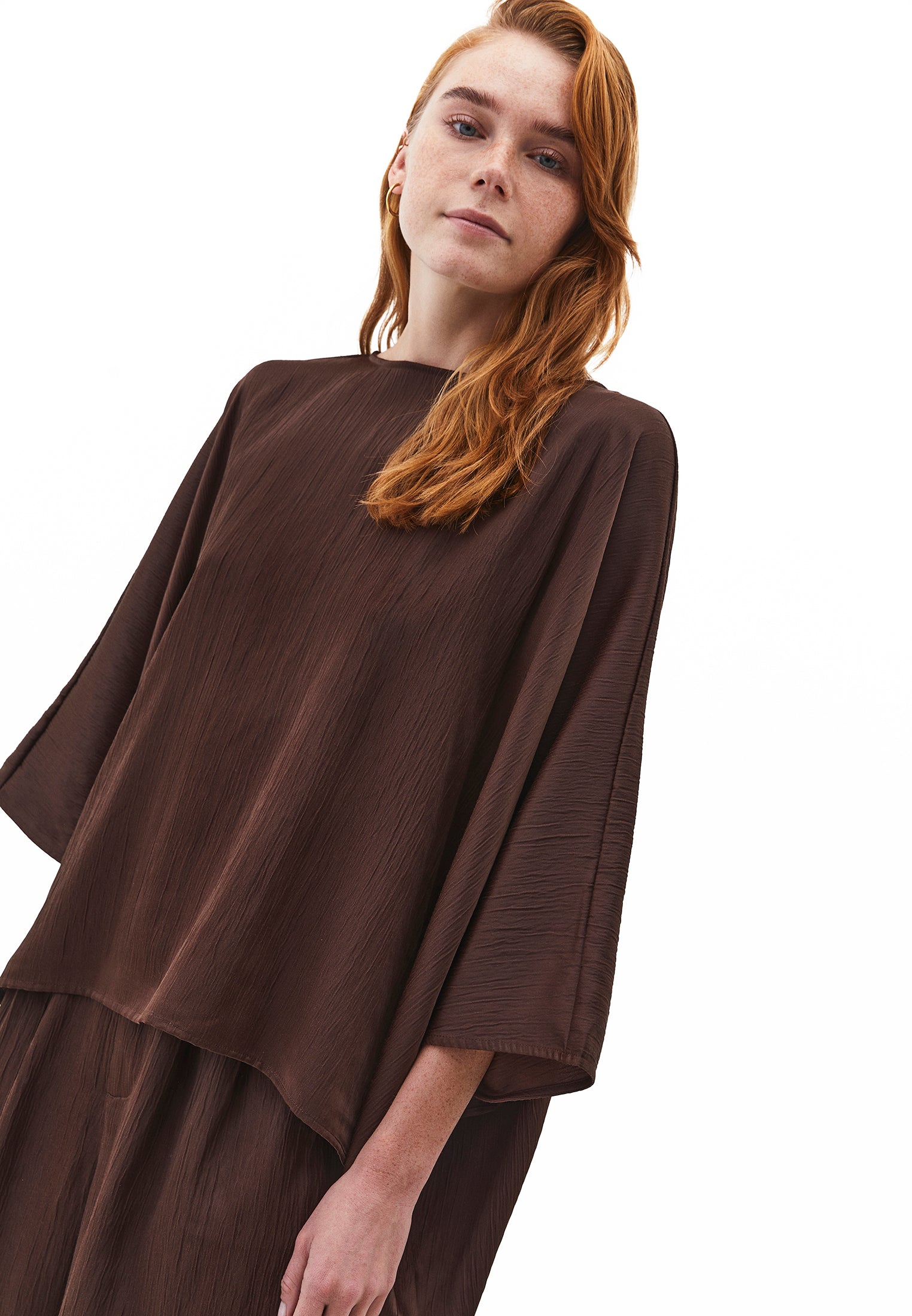 Boat Neck Long Sleeve Batwing And Tied Blouse - CHOCOLATE BROWN