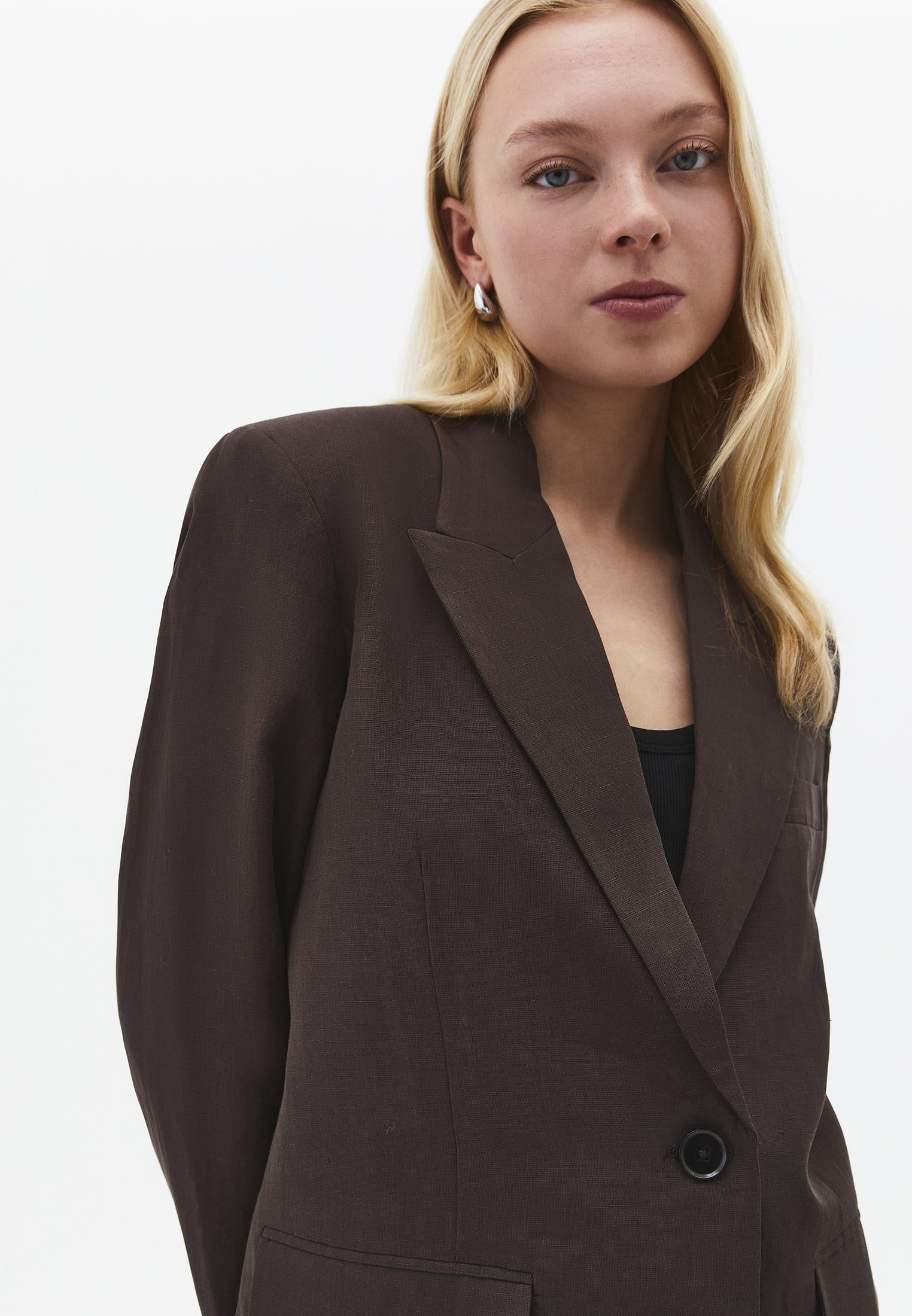 Boyfriend Fit Tunic Blazer Jacket - CHOCOLATE BROWN