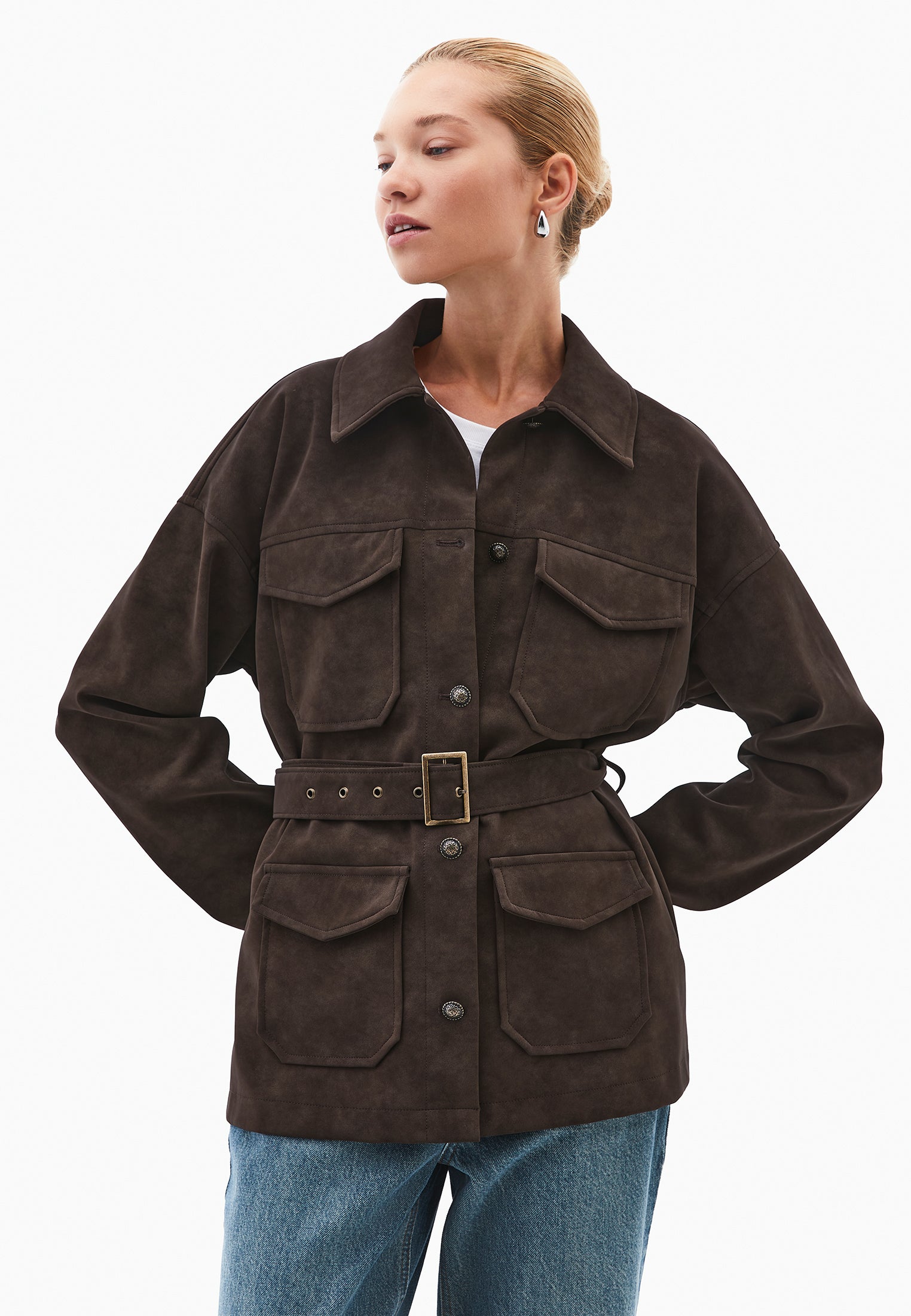 Suede Shirt Collar Jacket - CHOCOLATE TORTE