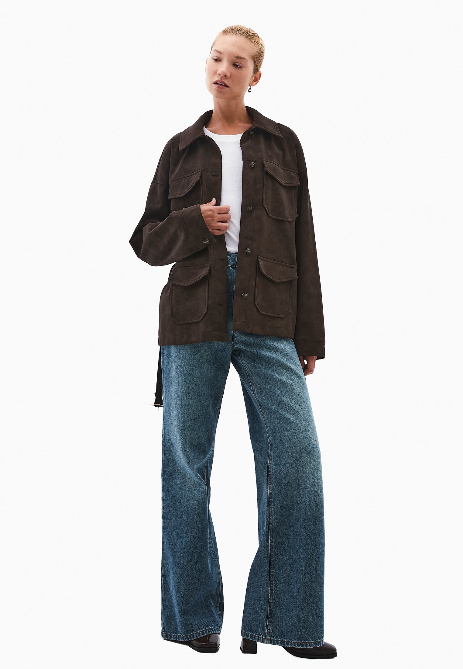 Suede Shirt Collar Jacket - CHOCOLATE TORTE