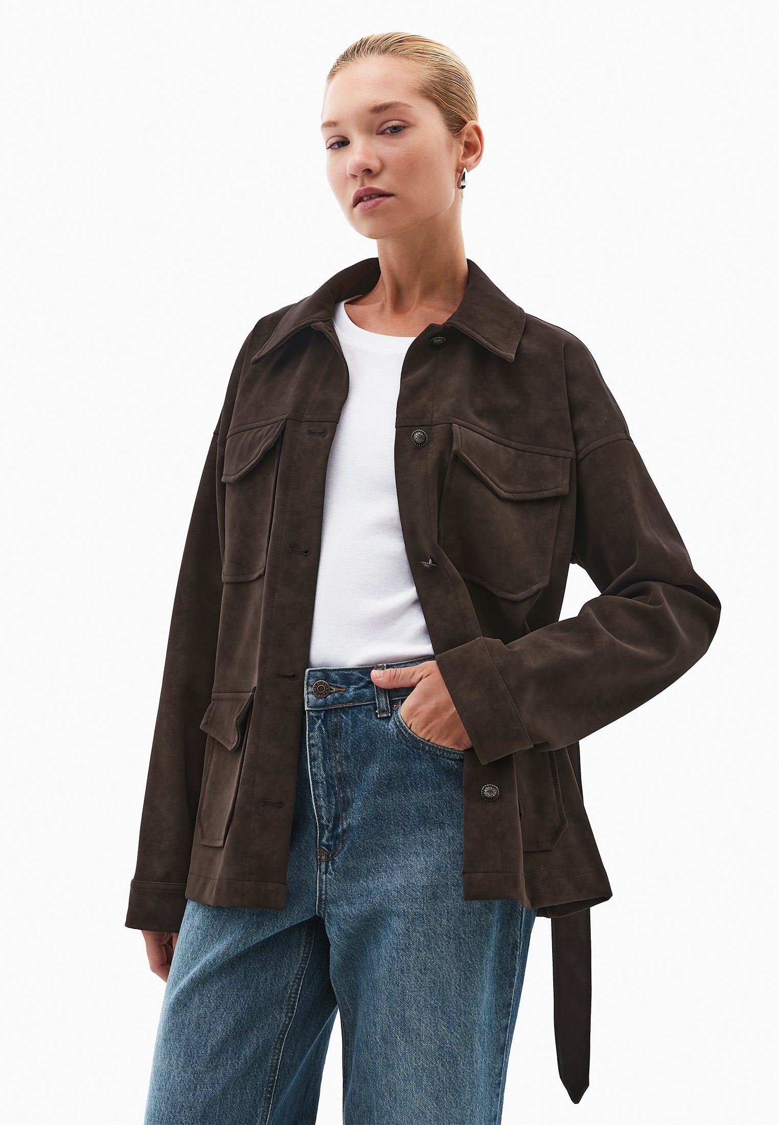 Suede Shirt Collar Jacket - CHOCOLATE TORTE
