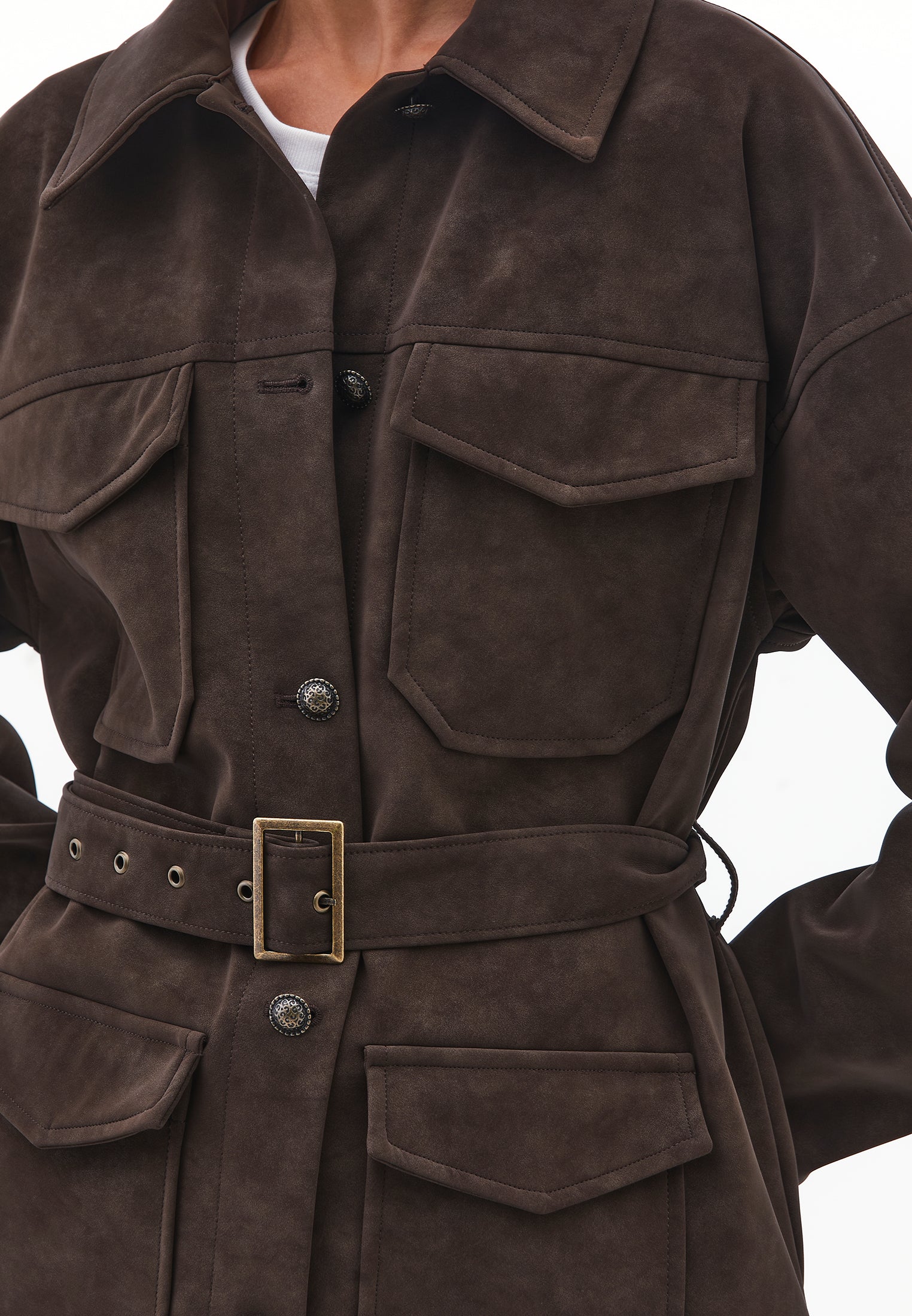 Suede Shirt Collar Jacket - CHOCOLATE TORTE