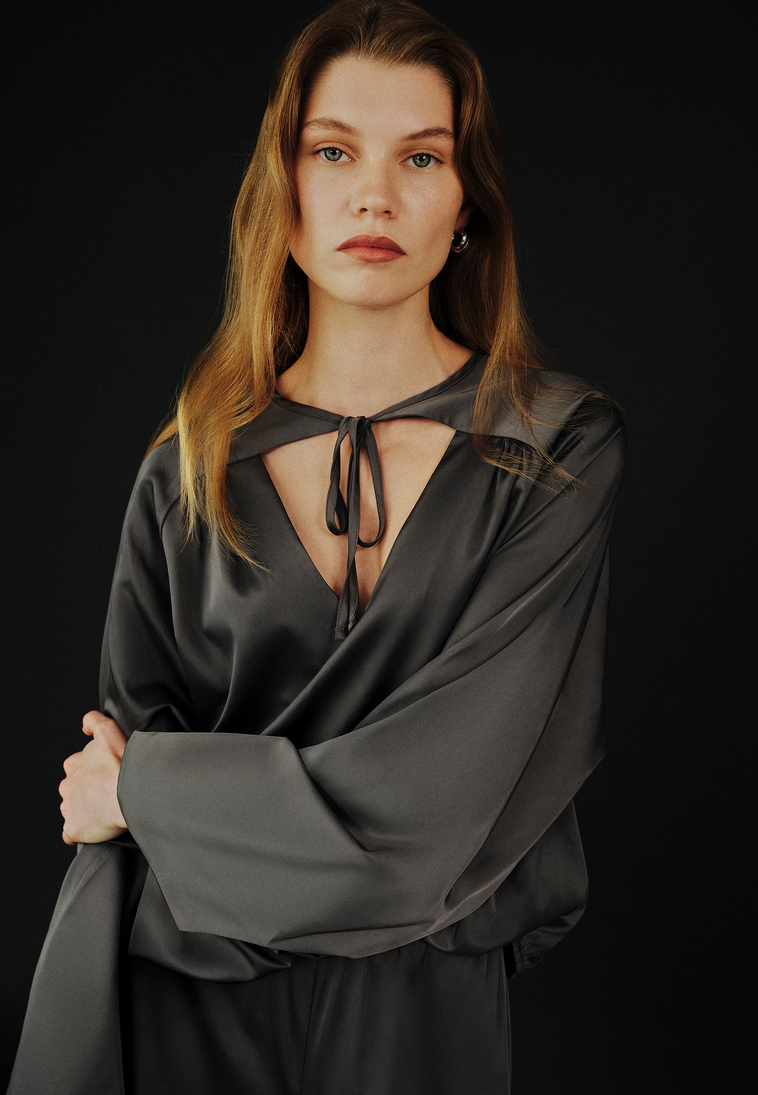 V-Neck Tie Long Sleeve Blouse - EIFFEL TOWER