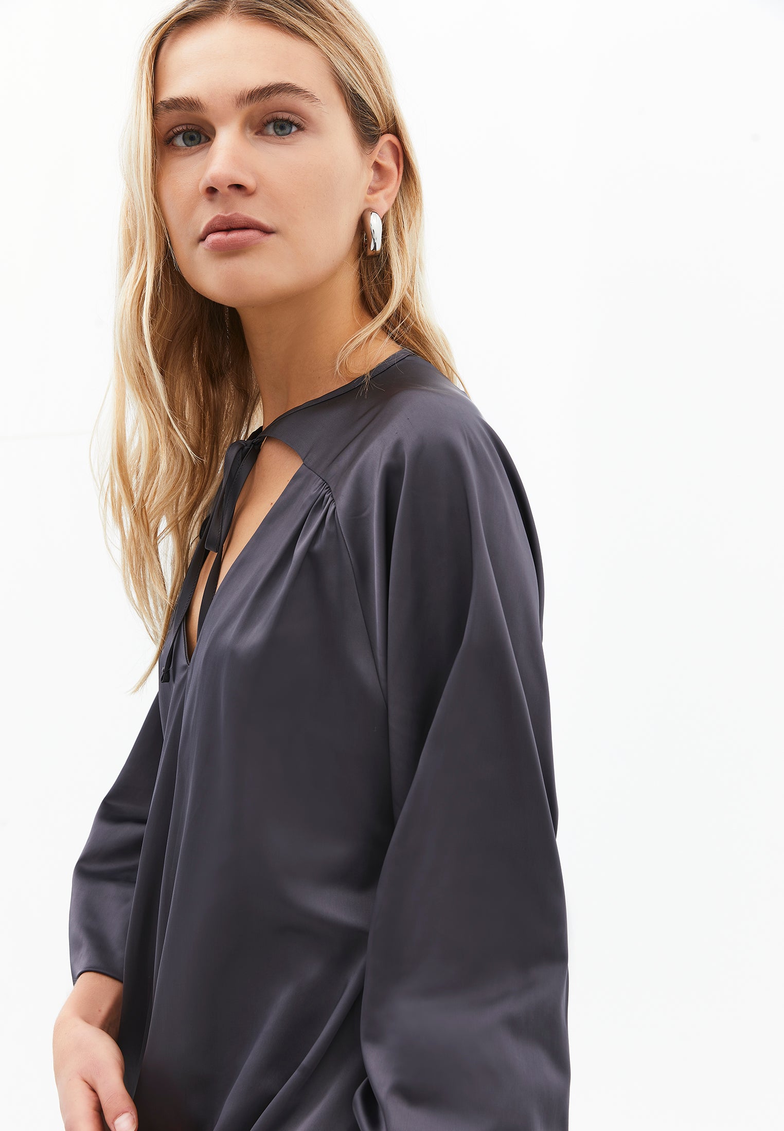 V-Neck Tie Long Sleeve Blouse - EIFFEL TOWER