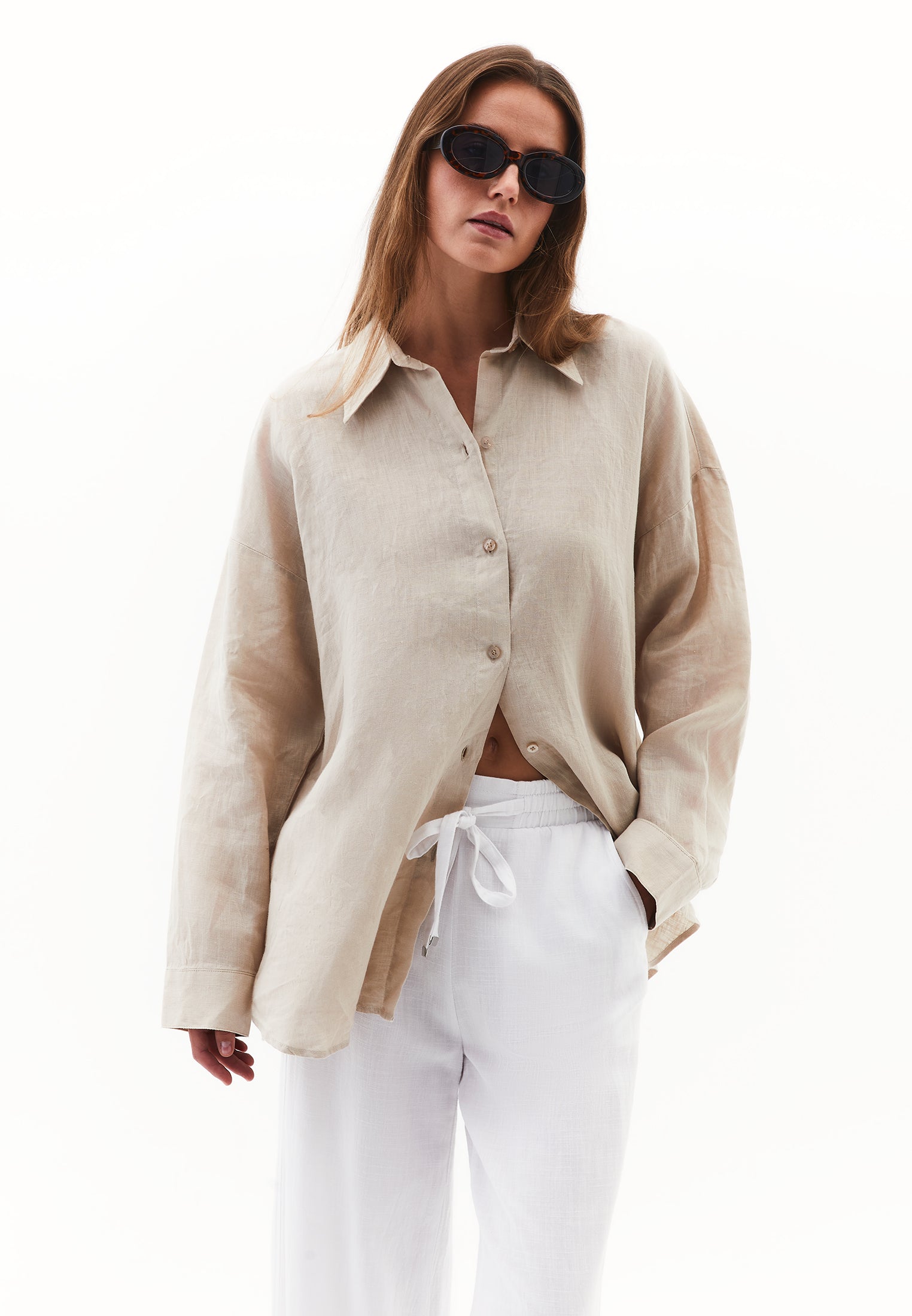 Linen Shirt With Large Fit And Buttons - FEATHER GRAY