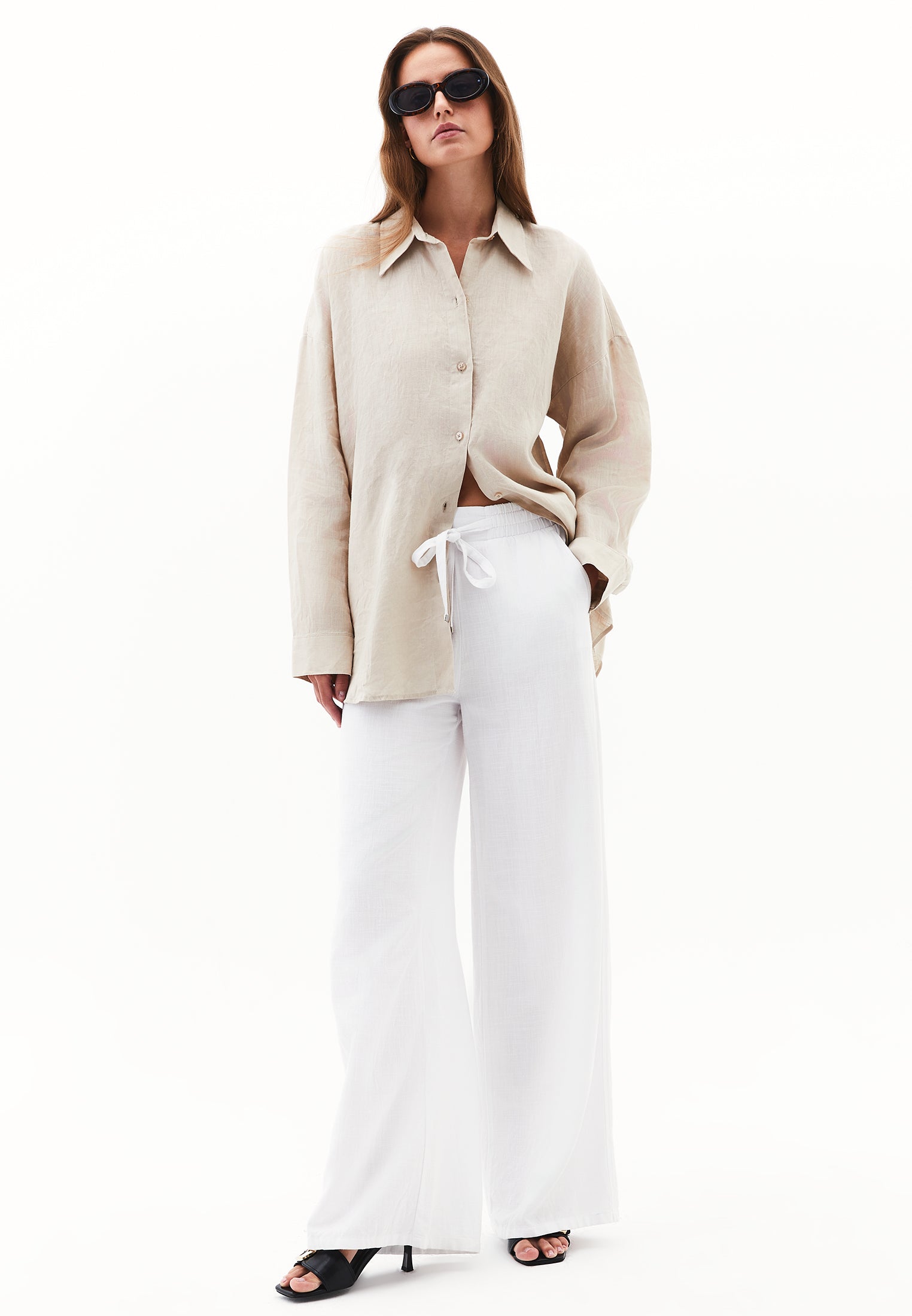 Linen Shirt With Large Fit And Buttons - FEATHER GRAY