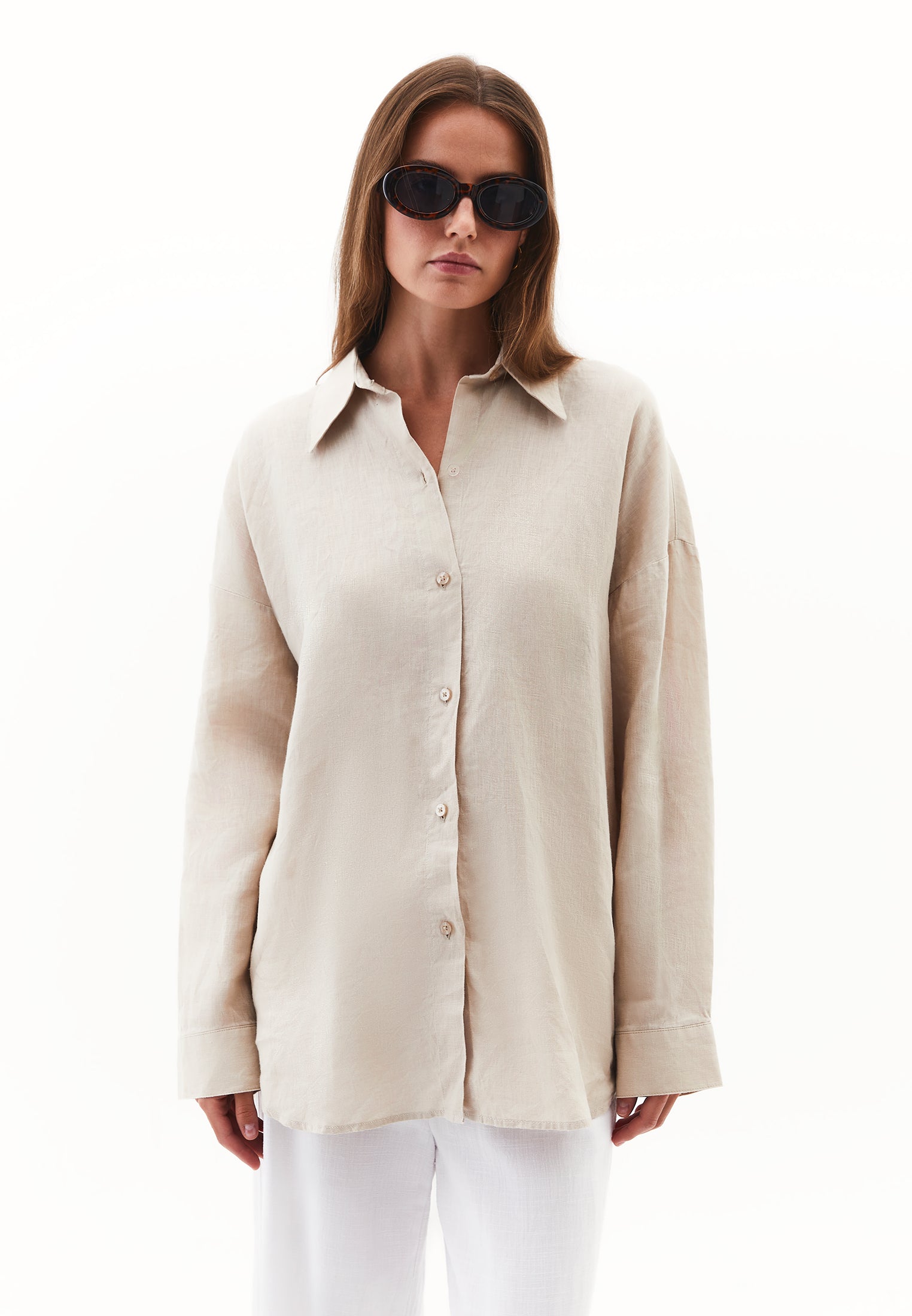 Linen Shirt With Large Fit And Buttons - FEATHER GRAY