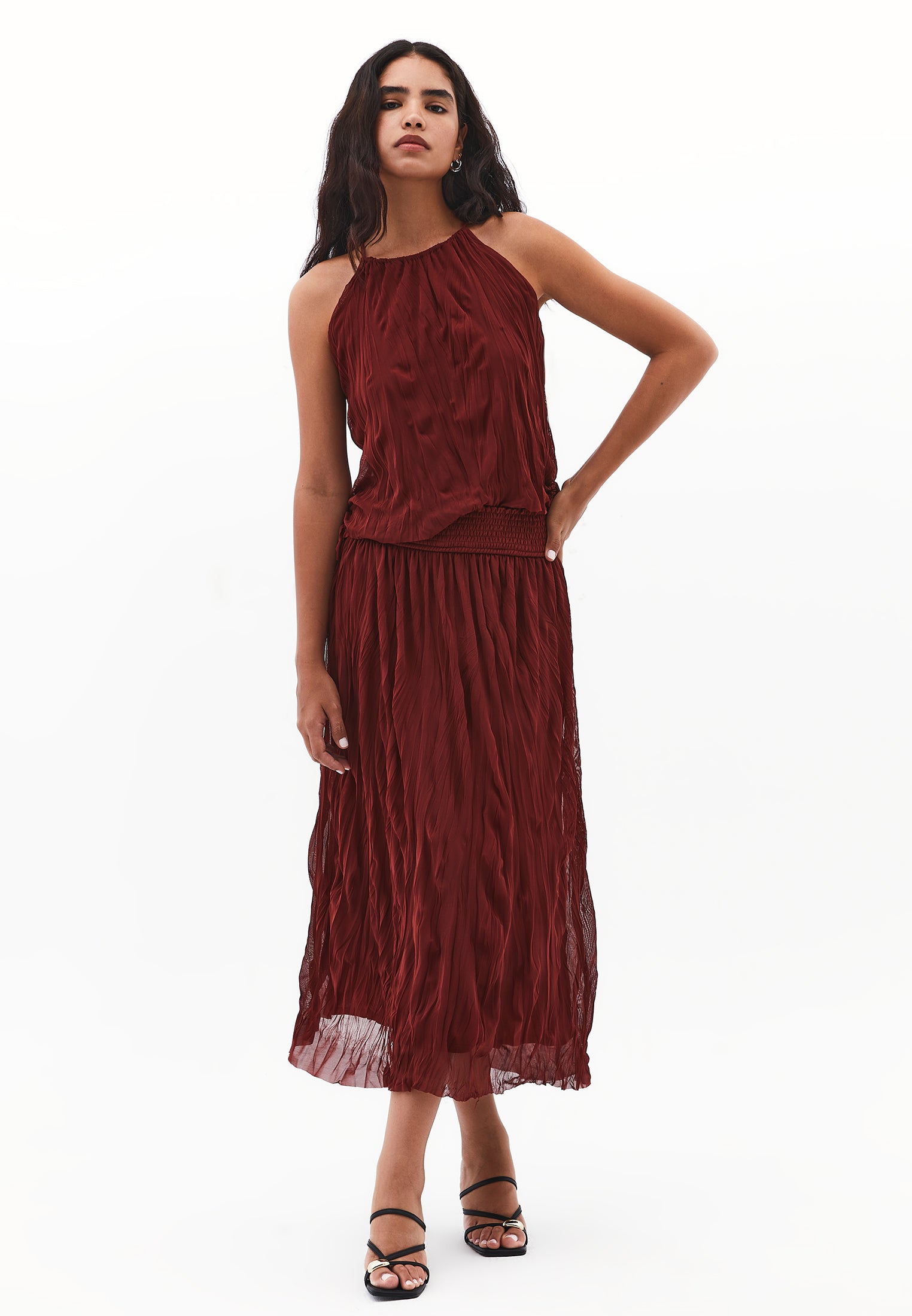 تنورة ميدي متجعدة المظهر - طوب حارق