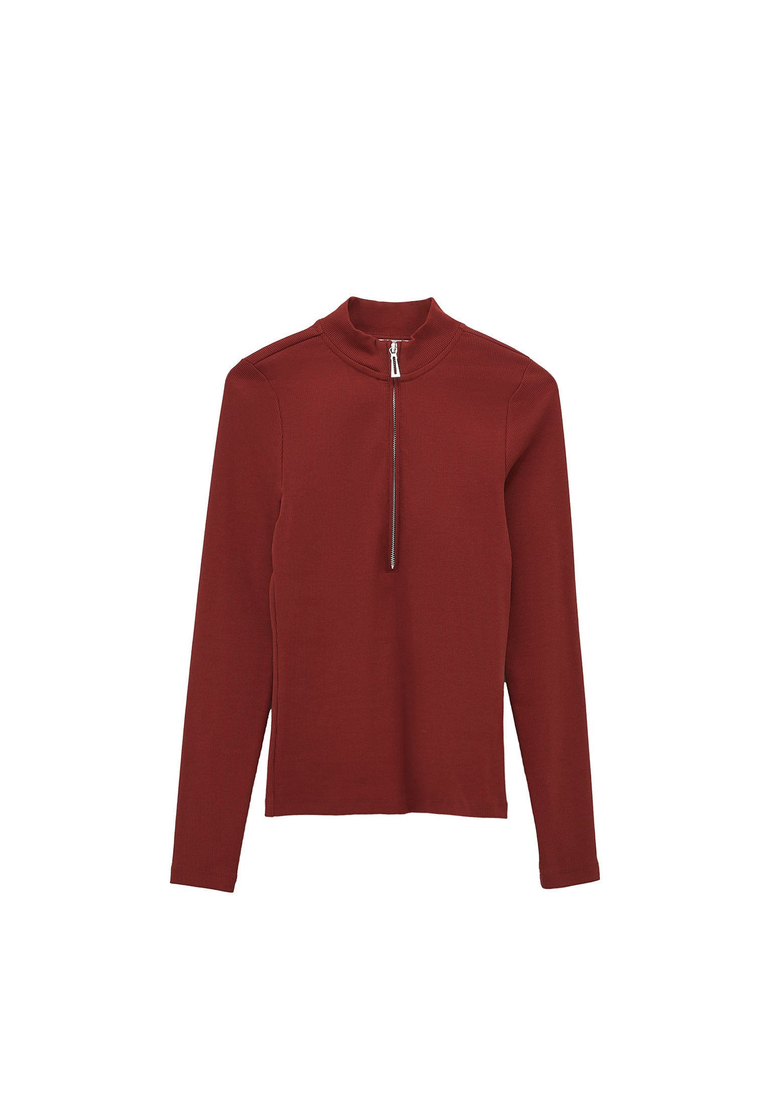 تي شيرت بياقة عالية بياقة عالية مفصلة بسحاب - FIRED BRICK