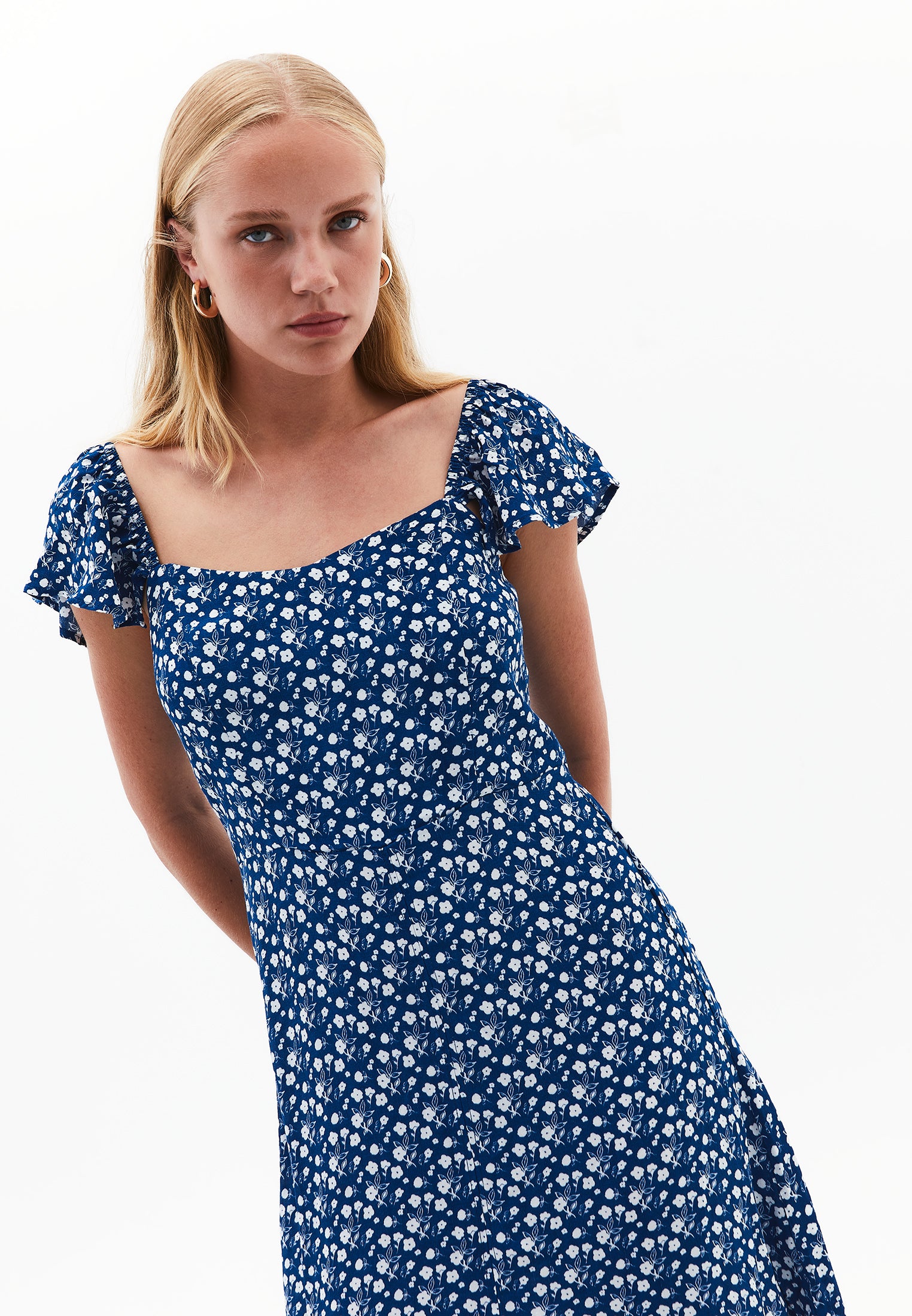 Sweetheart Neck Printed Slit Detailed Midi Dress - FLORAL PRINT