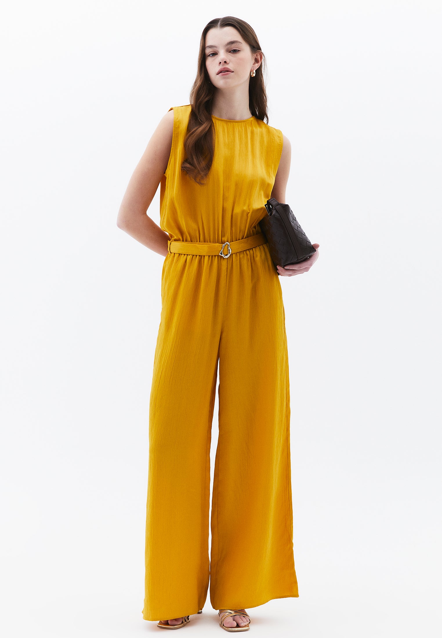 Long Jumpsuit With Belt Detail - GOLDEN SPICE