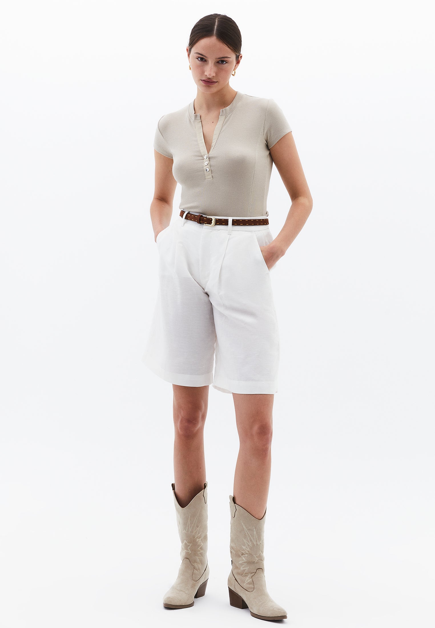 Button Detailed T-Shirt - ISLAND FOSSIL