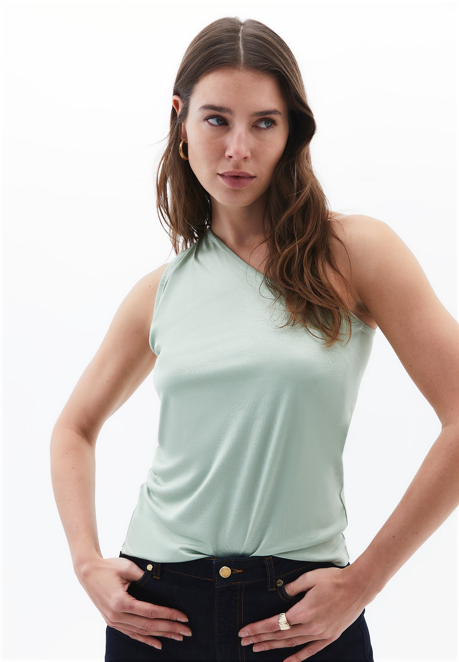 Pleated One-Shoulder Blouse - LAUREL GREEN