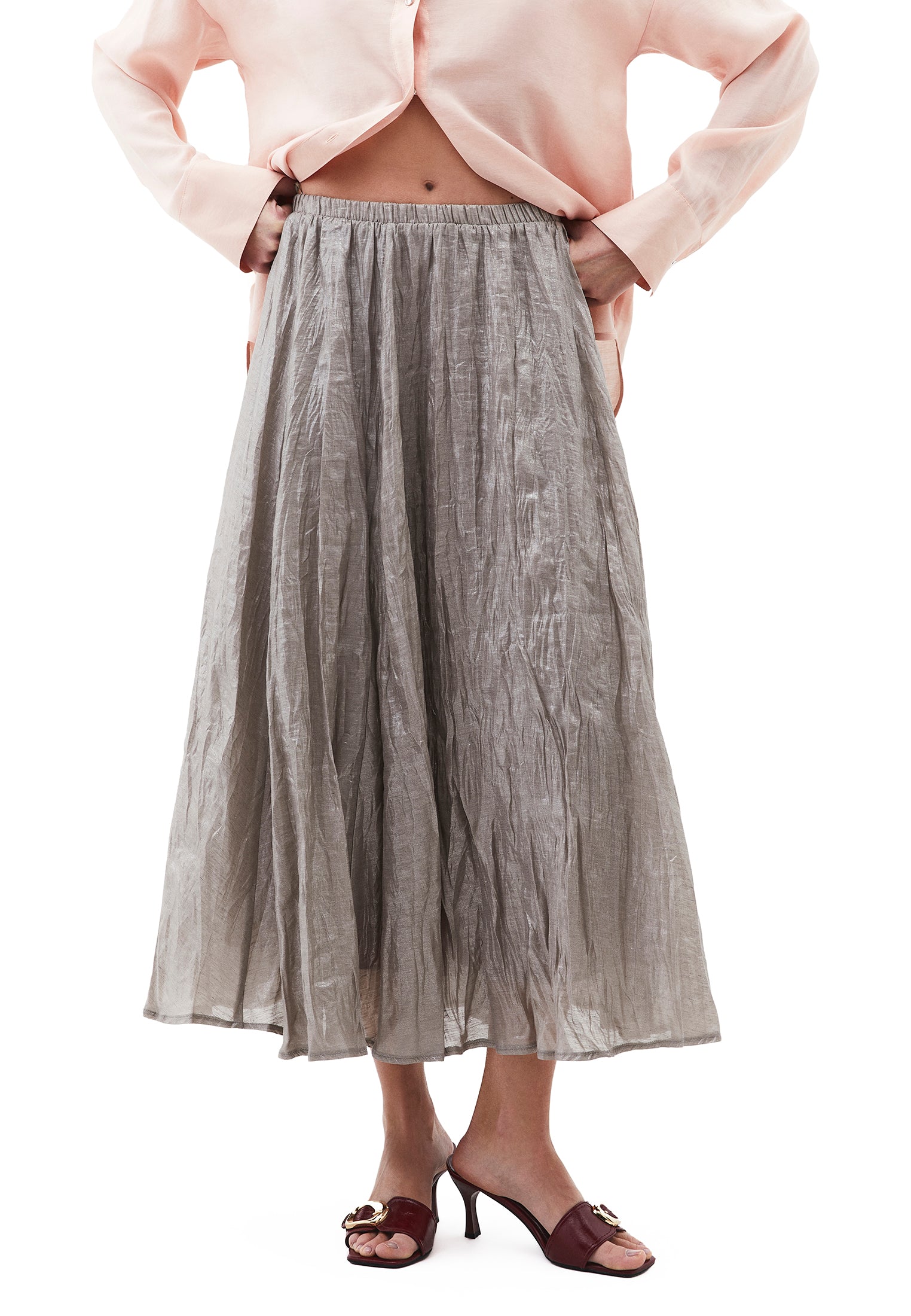 Shiny Flared Long Skirt - MOON ROCK