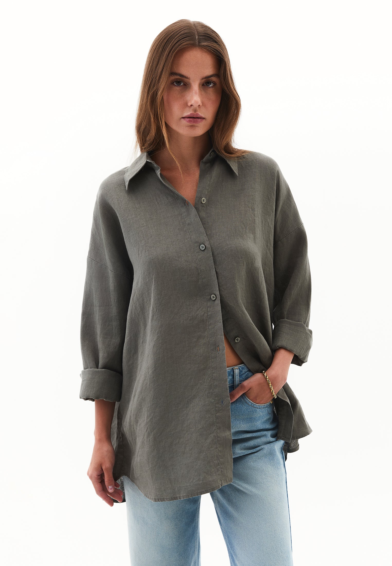 Linen Shirt With Large Fit And Buttons - MULLED BASIL