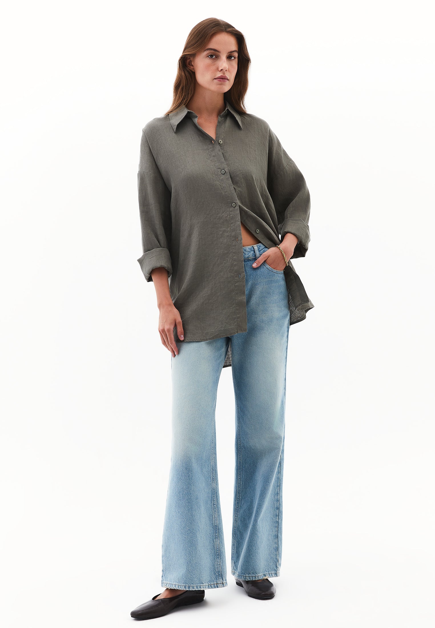 Linen Shirt With Large Fit And Buttons - MULLED BASIL