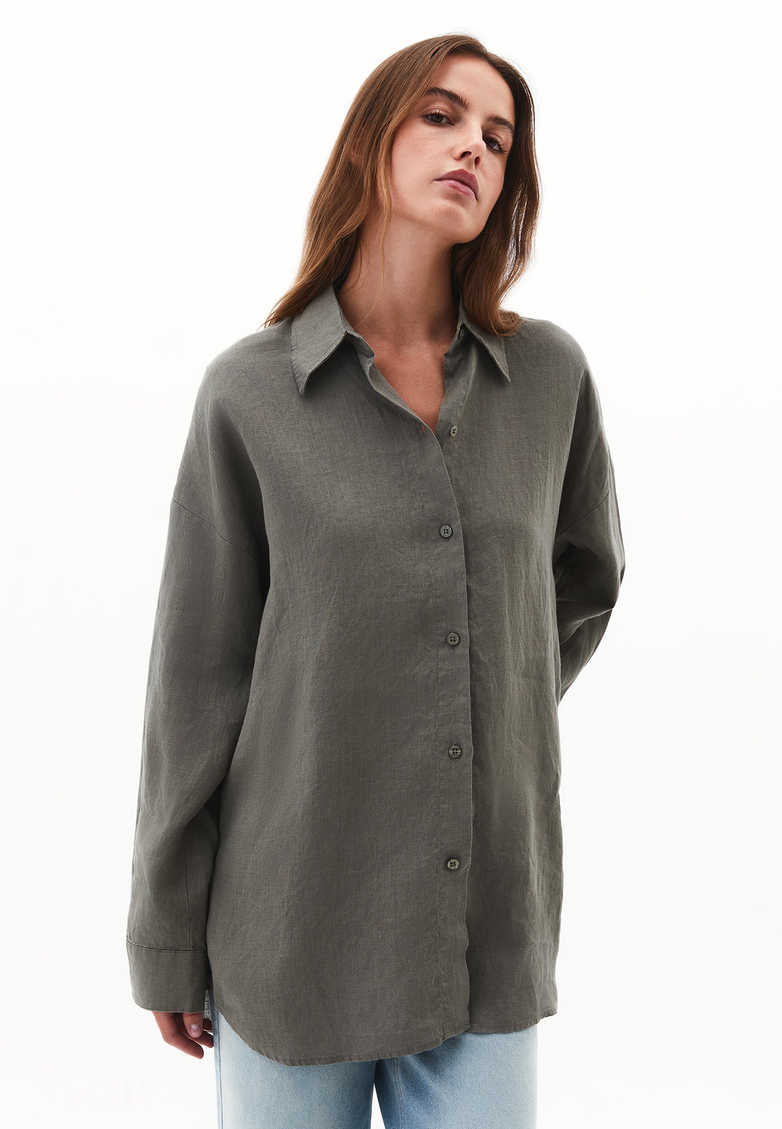 Linen Shirt With Large Fit And Buttons - MULLED BASIL