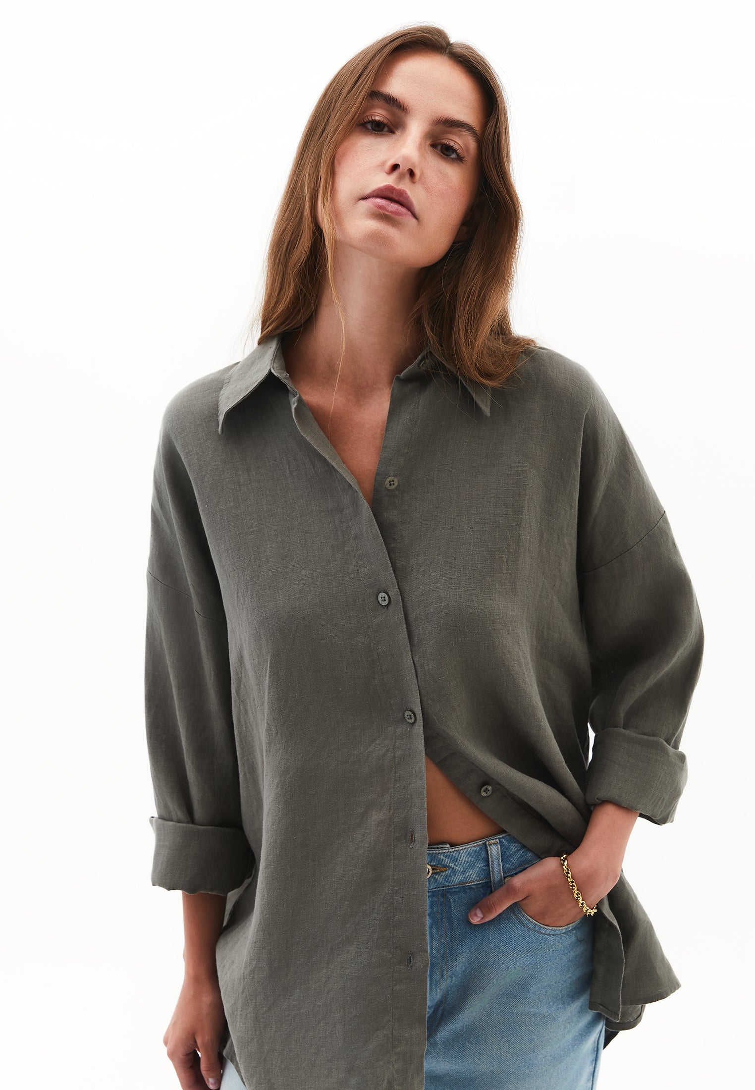 Linen Shirt With Large Fit And Buttons - MULLED BASIL