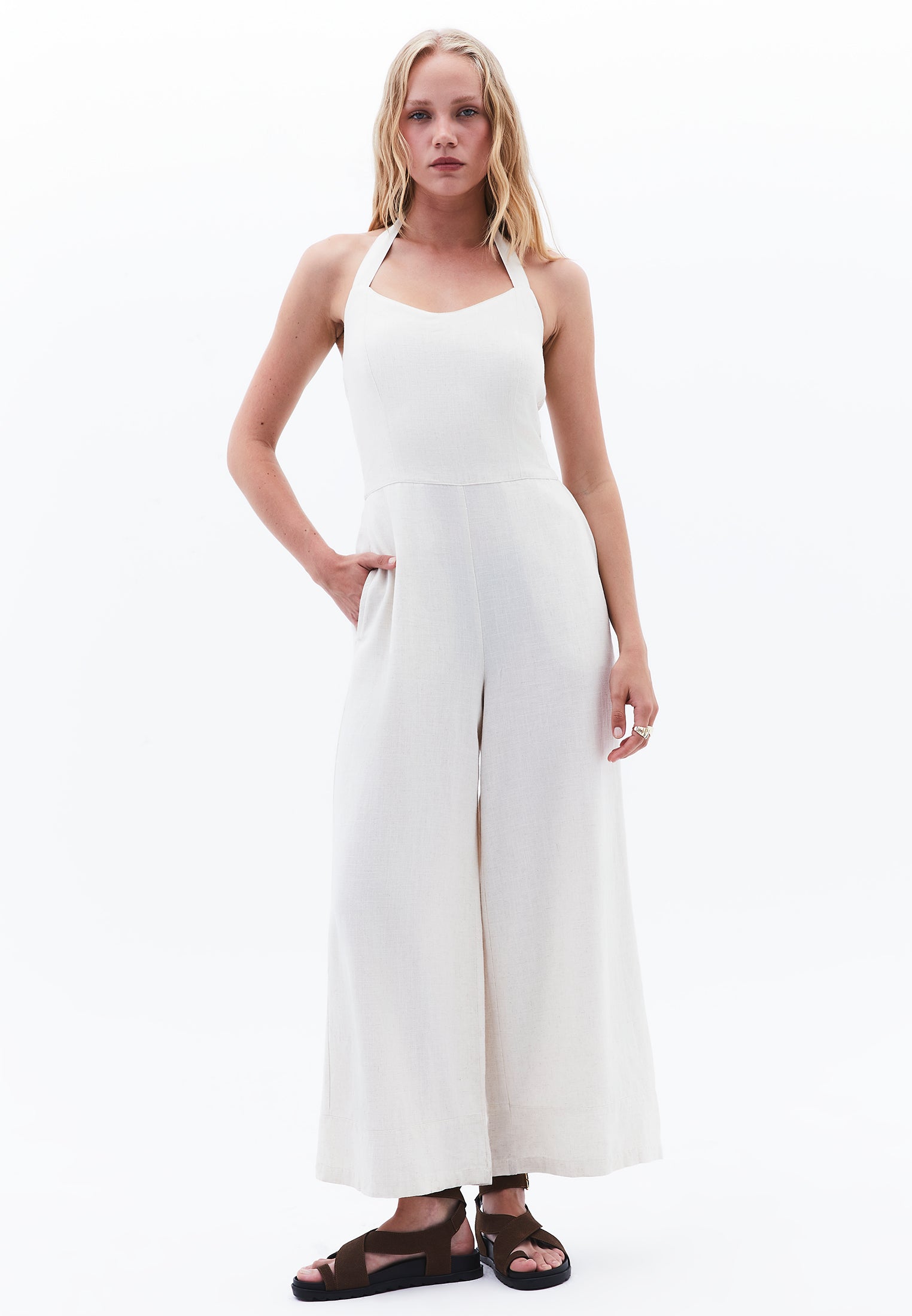 Long Linen Jumpsuit With Gipe Pocket Detail - NATURAL