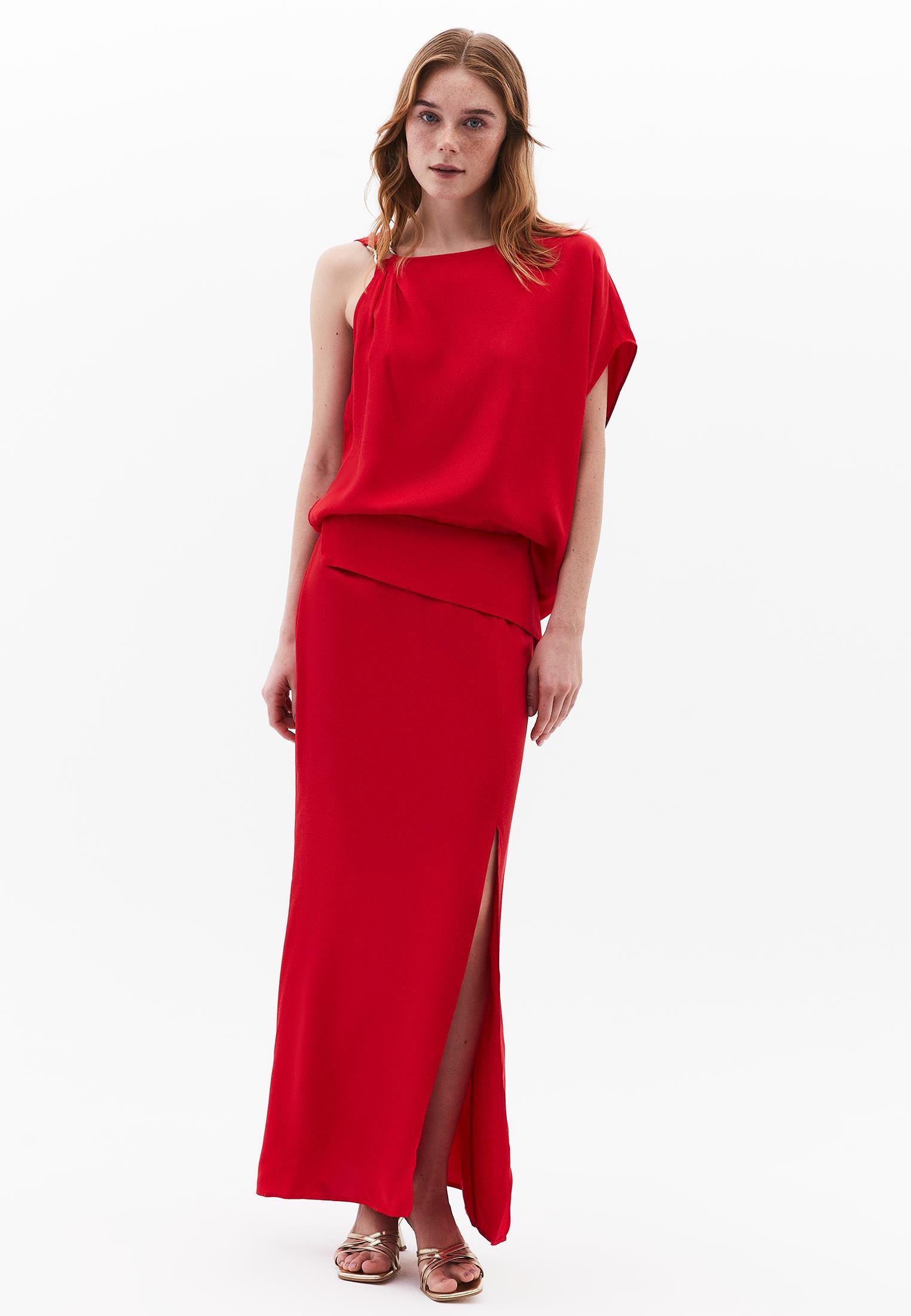 Boat Neck Short Sleeve Asymmetric Blouse - RACING RED