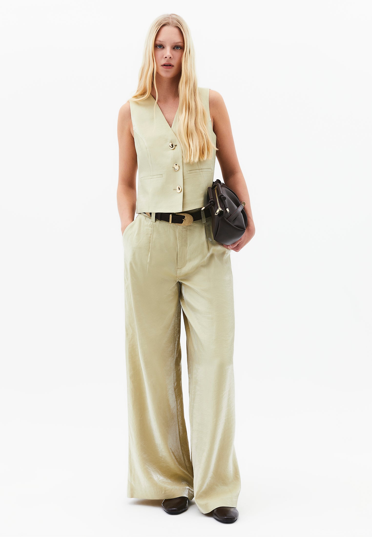 V-neck loose fit vest - SAGE GREEN