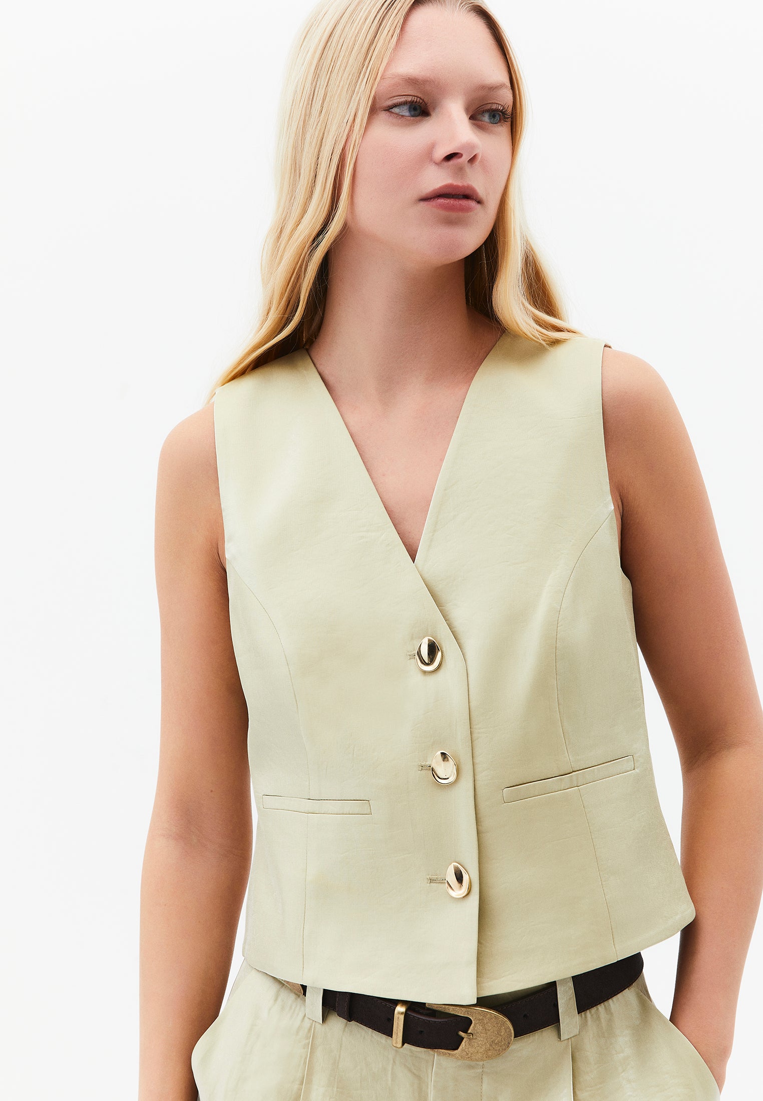 V Neck Loose Fit Vest - SAGE GREEN