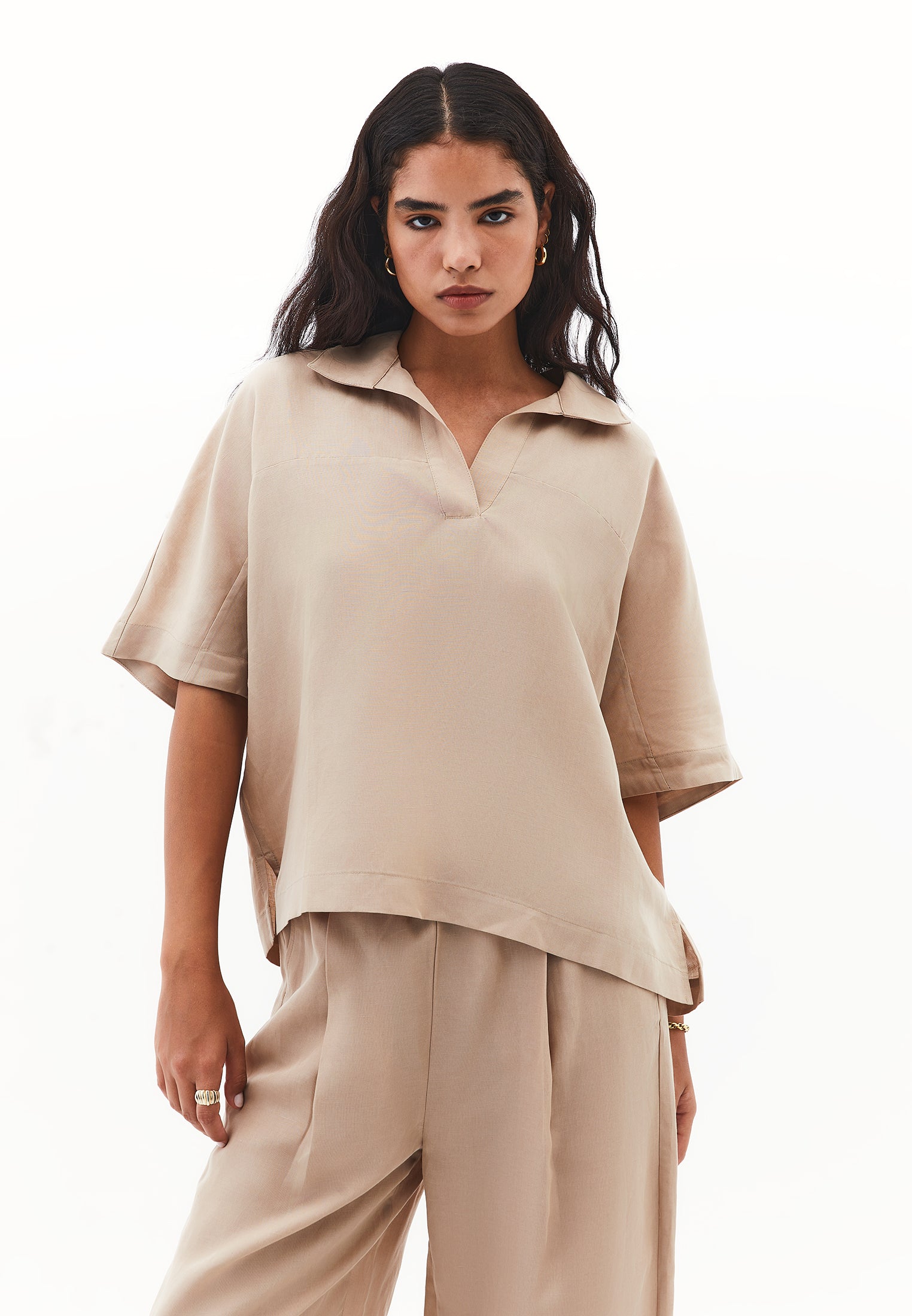 Polo Collar Oversize Blouse - SAVANNAH TAN