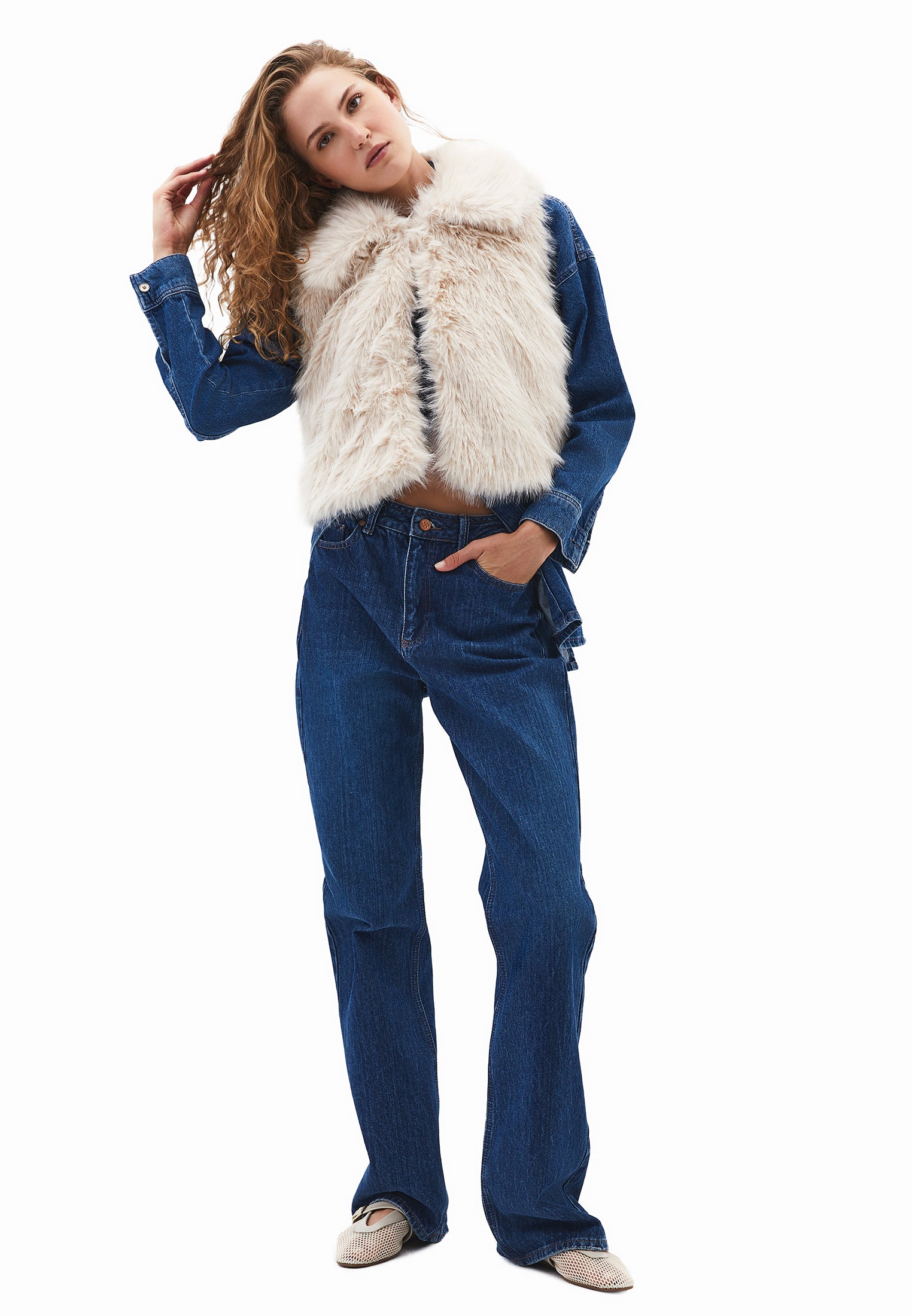 V Neck Faux Fur Vest - SILVER BIRCH