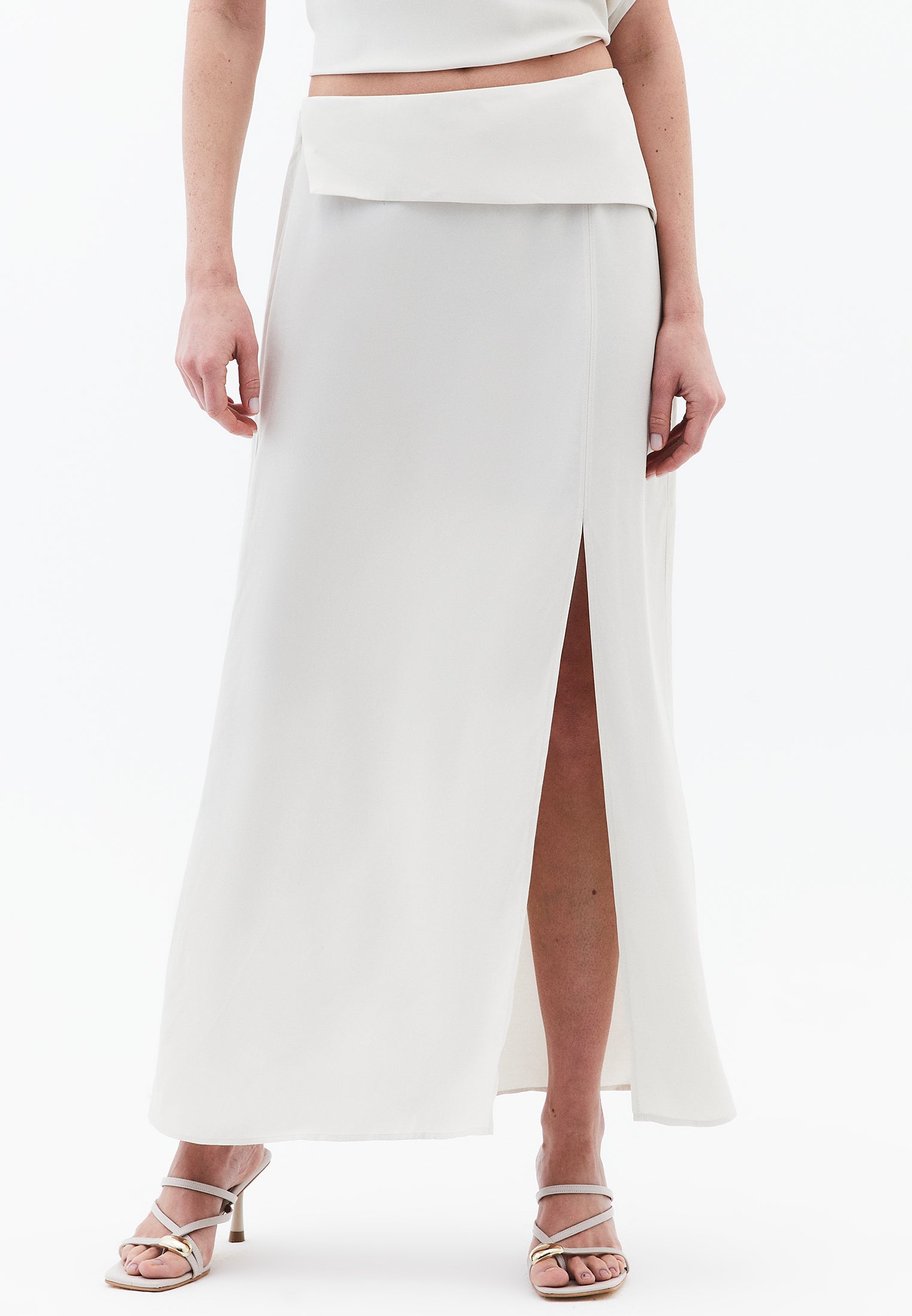 High Waist Long Satin Skirt - SILVER BIRCH
