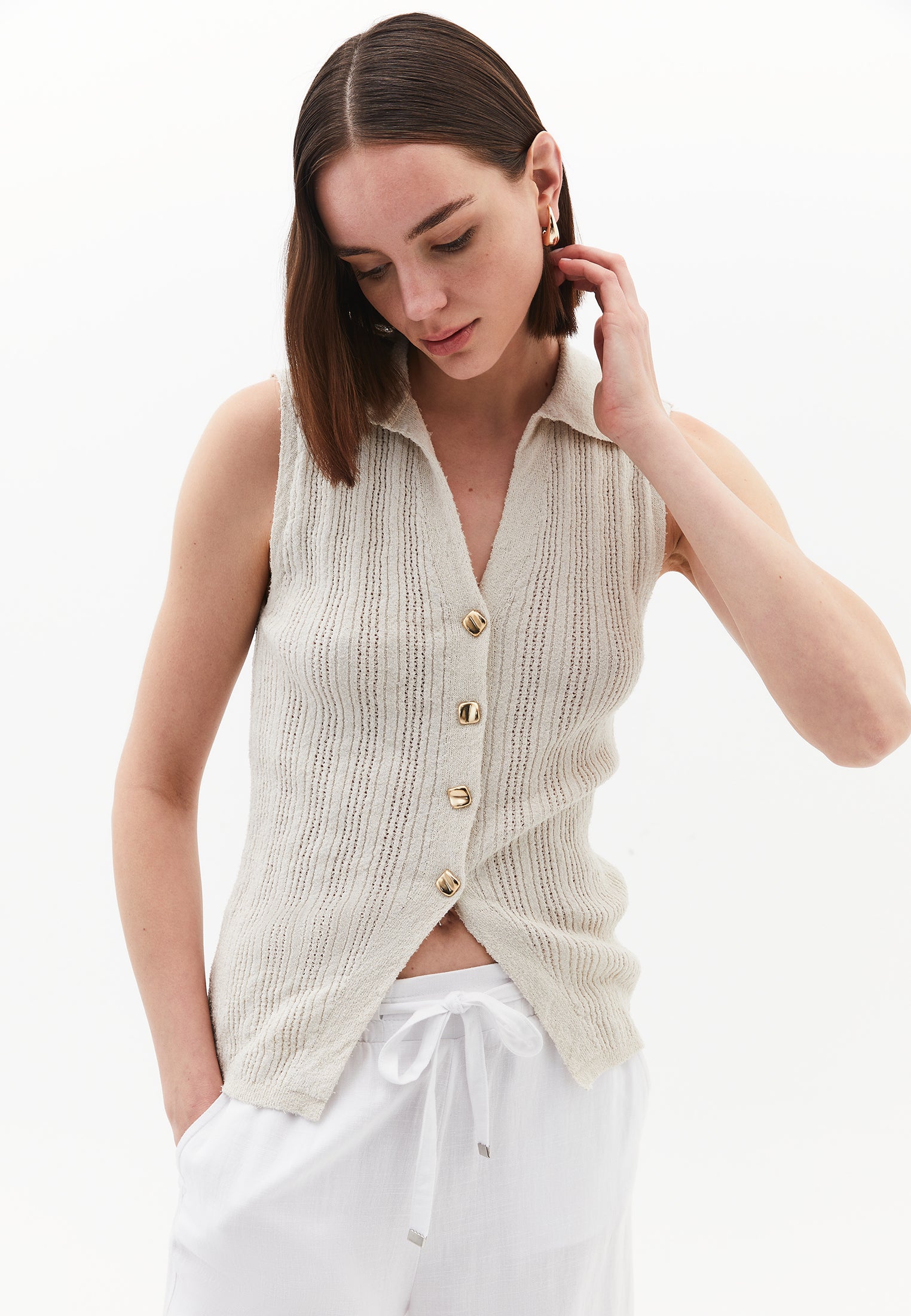 V-Neck Bouclé Vest - SILVER BIRCH