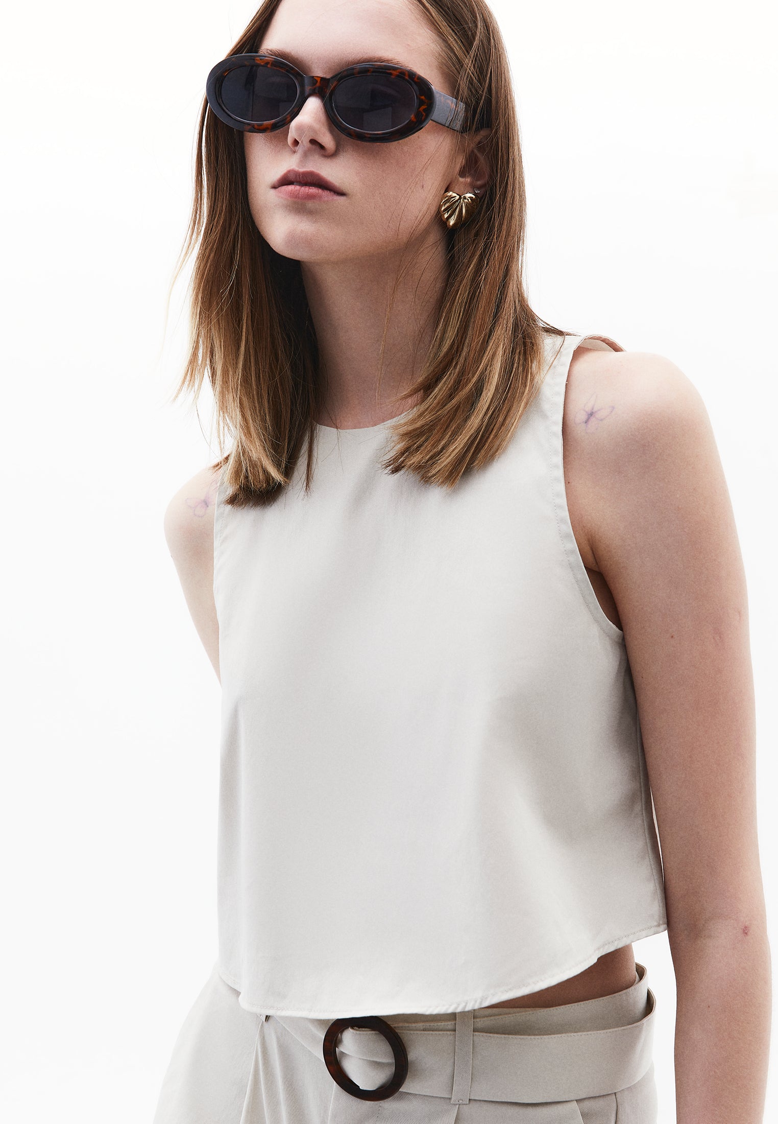 Sleeveless Tank Top With Crew Neck - SILVER BIRCH