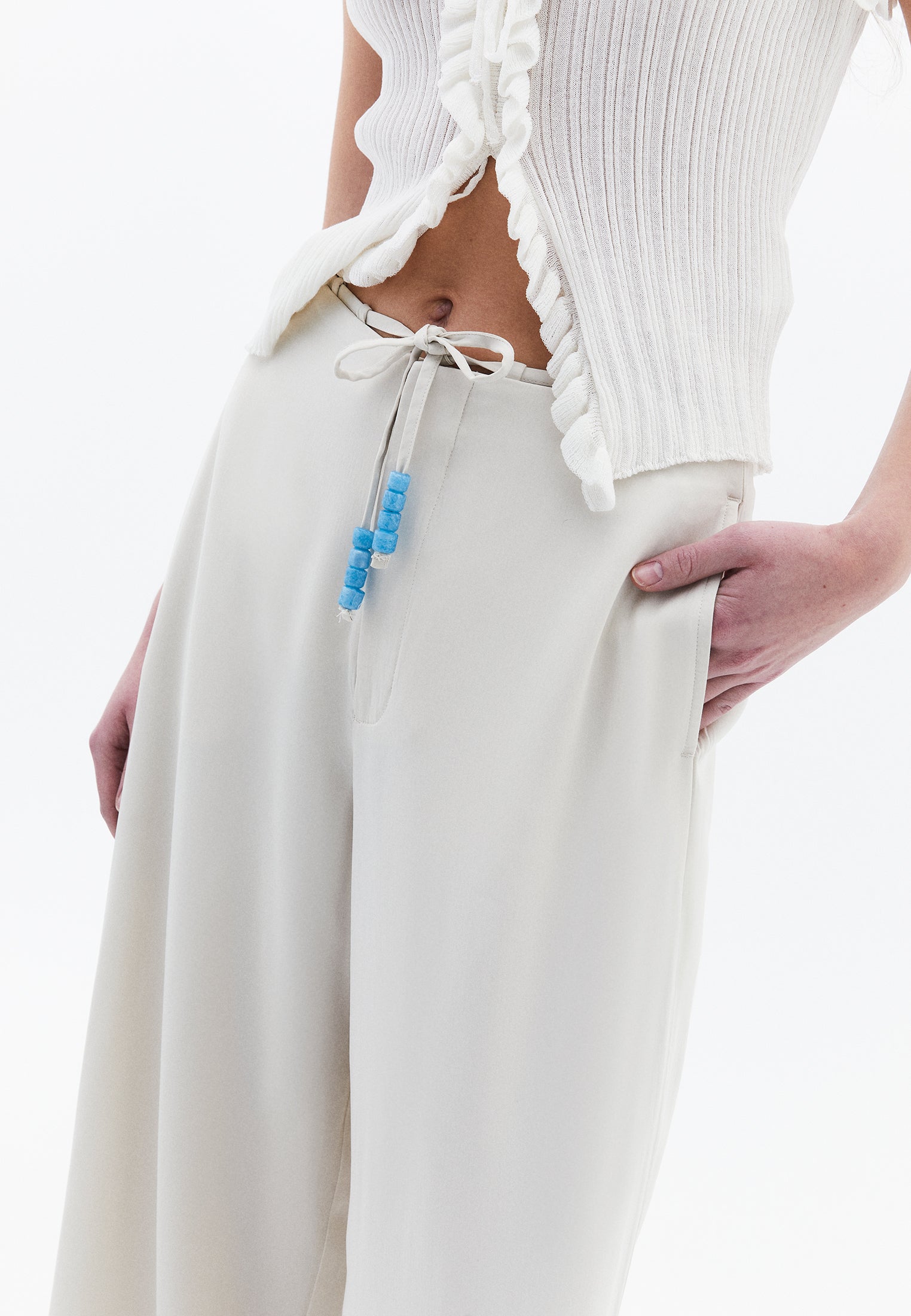 Wide Leg Pants With Bead Details - SILVER BIRCH