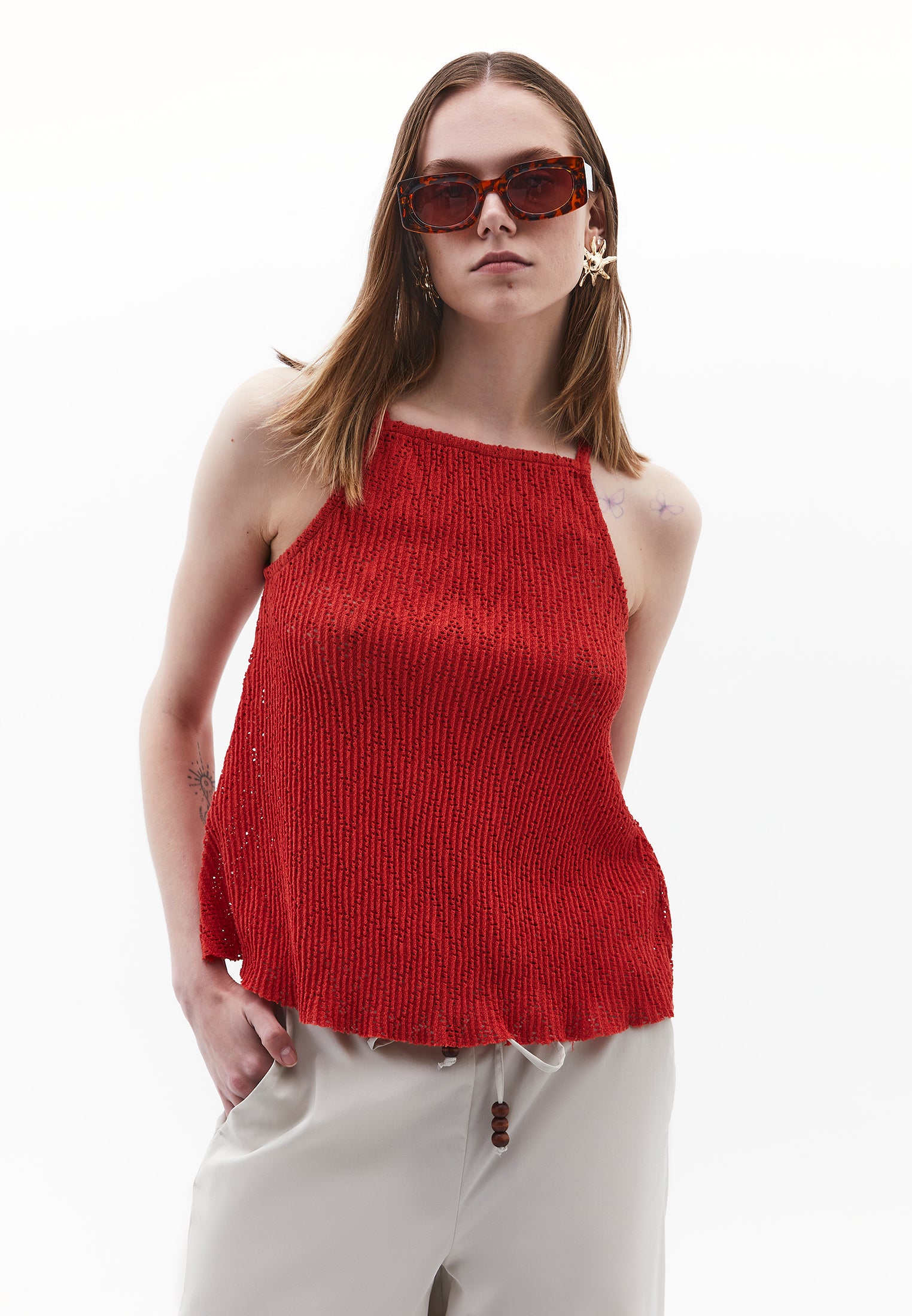 Halter Neck Cotton Tank Top - VALIANT POPPY