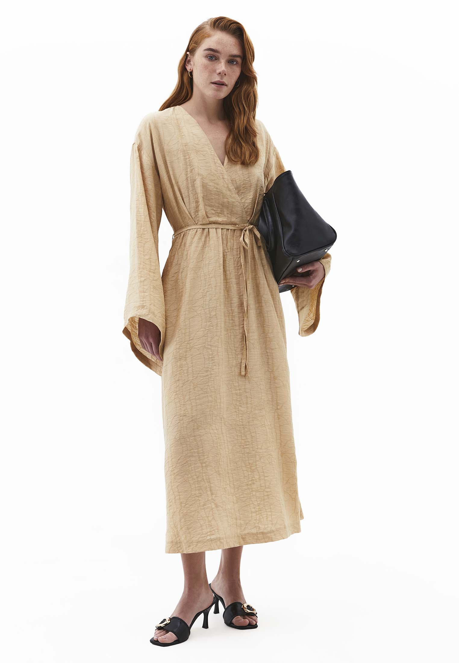 Dress With Tie And Long Sleeves - WARM SAND