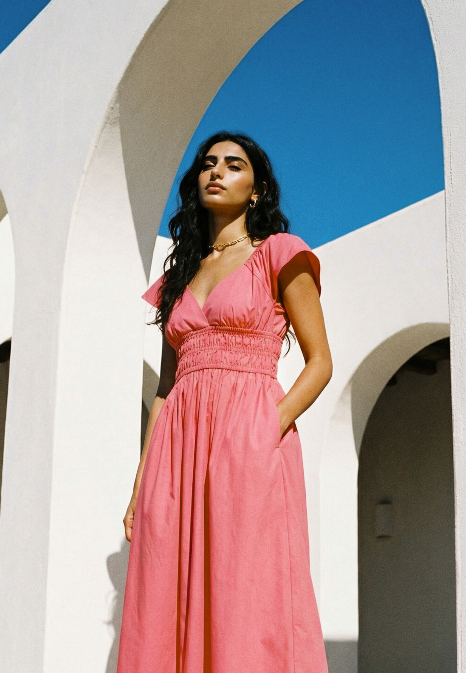 V Neck Dress With Gipe Detail - PINK LEMONADE